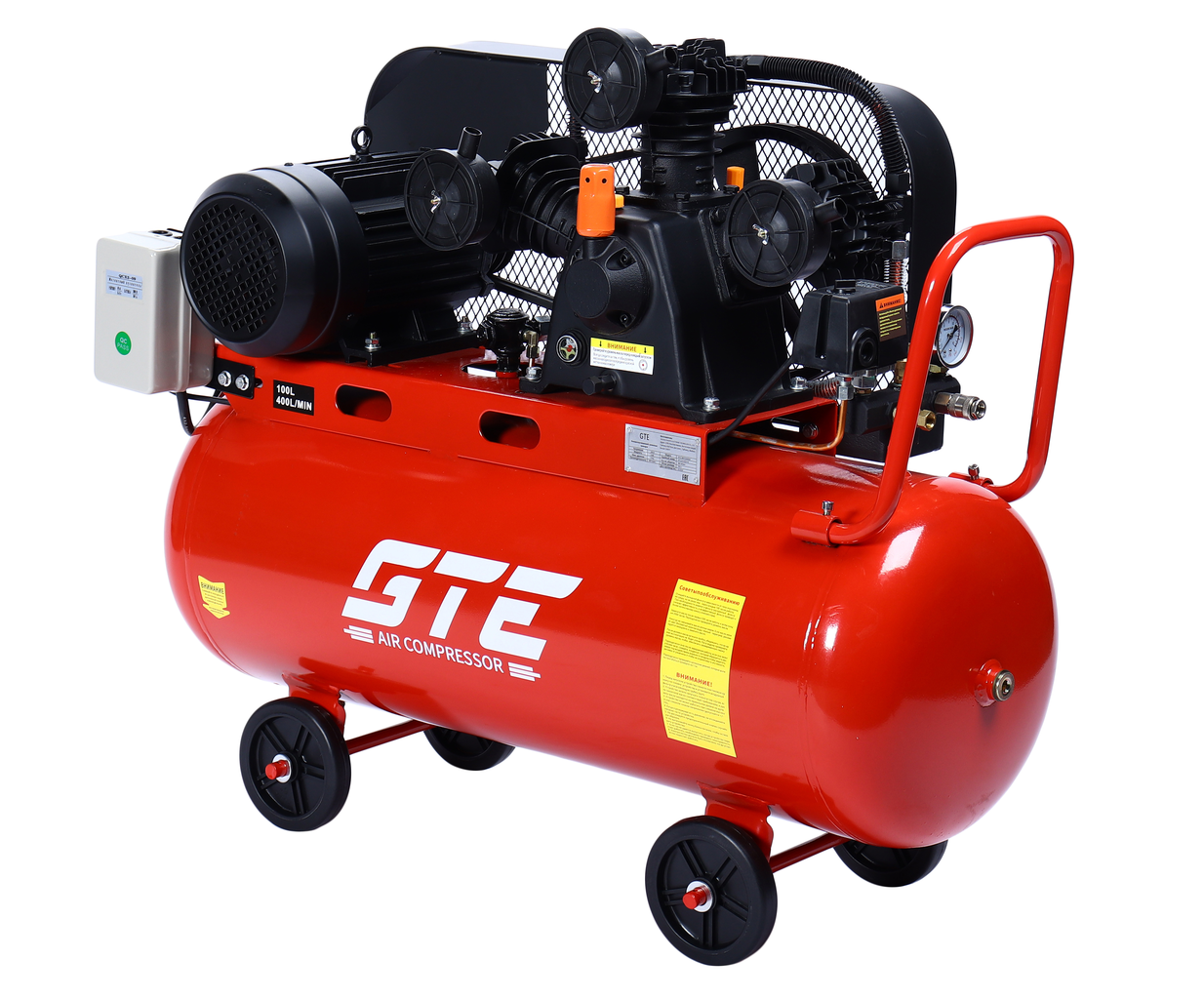 GTE-MR4100400A - Компрессор пневматический 380В 3.0кВт 8атм. 400л/мин. ресивер-100л поршневой ременной GTE - Поршневой компрессор GTE-MR4100400A с ременным приводом &mdash; надежное оборудование, предназначенное для профессионального использования в автос
