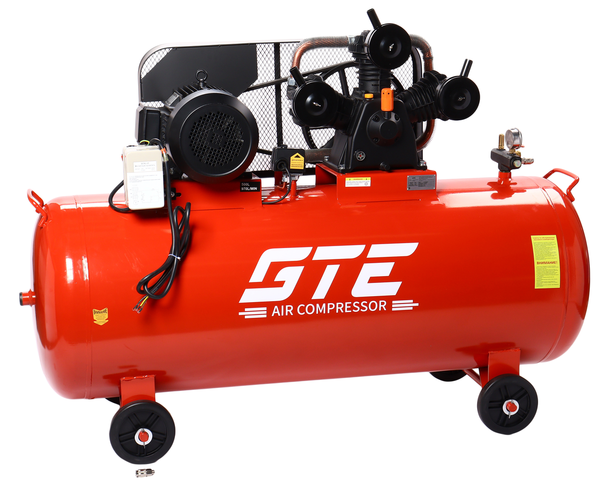 GTE-MR4500970A - Компрессор поршневой ременной 380В 970л/мин. ресивер-500л GTE - Поршневой компрессор GTE-MR4500970A с ременным приводом &mdash; надежное оборудование, предназначенное для профессионального использования в автосервисах, производственных це