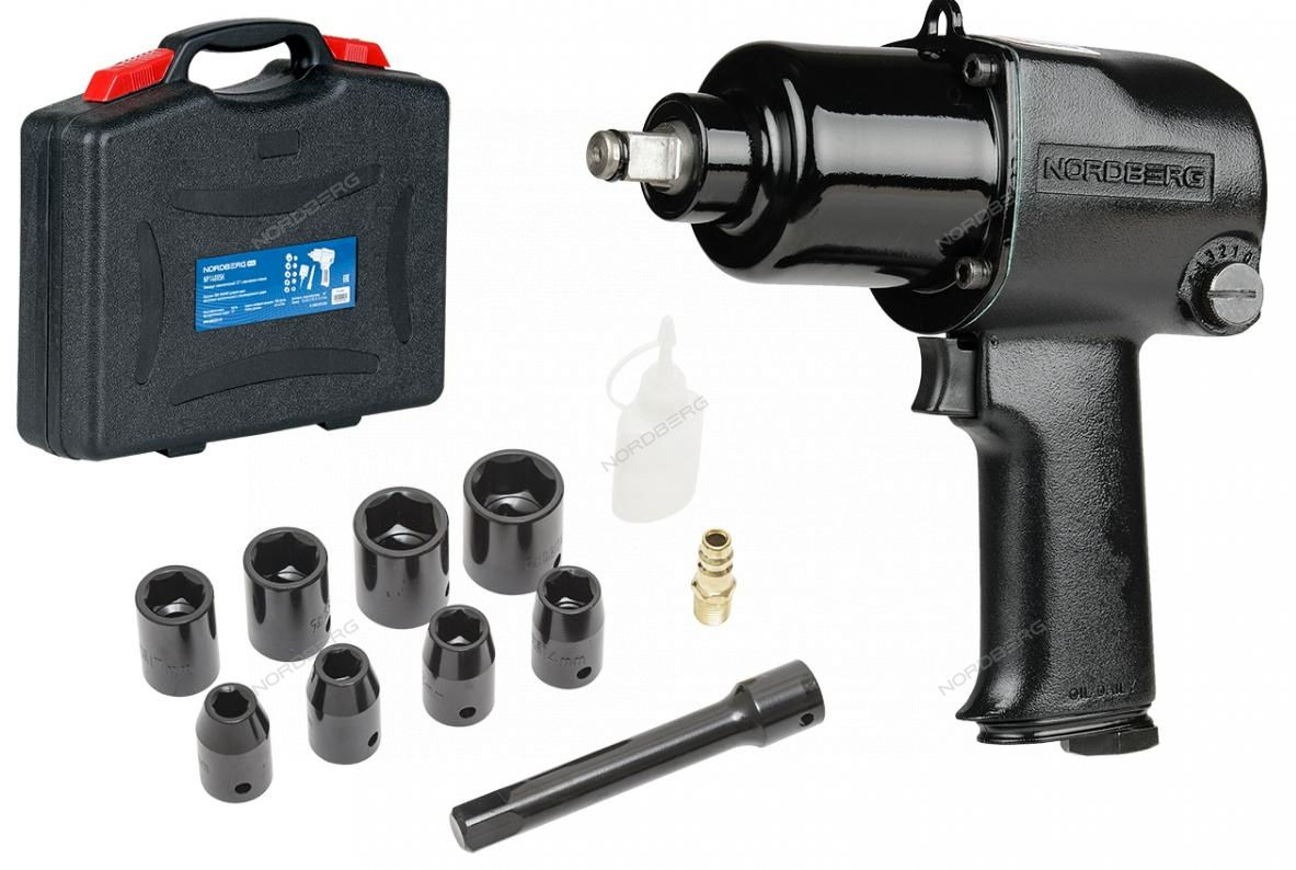 Пневмогайковерт ударный 1/2", 850 Нм, с головками в кейсе NORDBERG NP14085K
