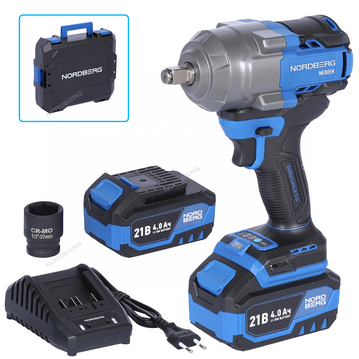 Гайковерт аккумуляторный, 1/2", 21 В, 1000 Нм, 2 аккумулятора 4 A и зарядное устройство, в кейсе NORDBERG NE805K
