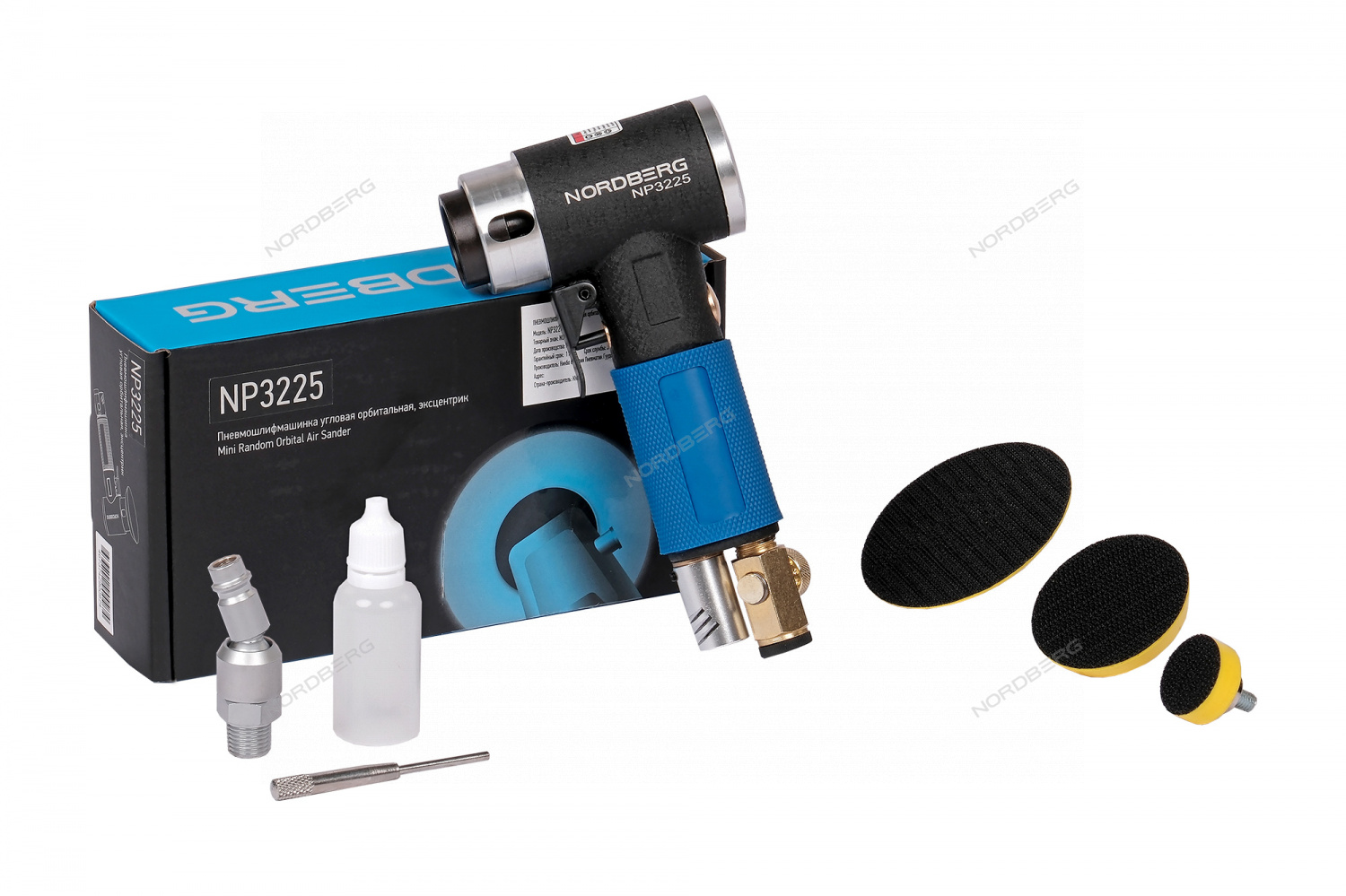 Пневмошлифмашинка угловая орбитальная, эксцентрик, с насадками диам. 25, 50, 75 мм NORDBERG NP3225