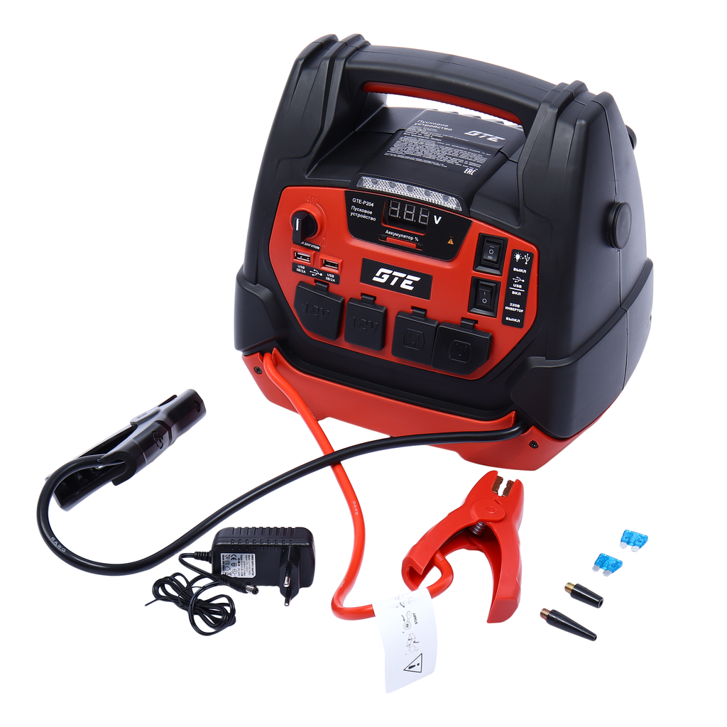 GTE-P204 - Устройство пусковое 12-15V 1250А 18000мА/ч инвертор с компрессором GTE - Пусковое устройство GTE-P204 представляет собой легкий, компактный, современный и высокотехнологичный, а также удобный и простой в использовании гаджет, предназначенный дл