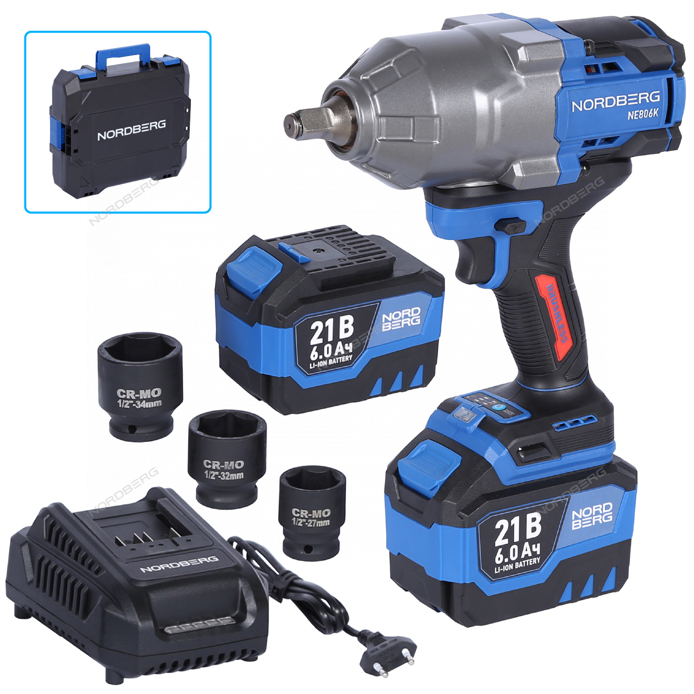 Гайковерт аккумуляторный, 1/2", 21 В, 1500 Нм, 2 аккумулятора 6 A и зарядное устройство, в кейсе NORDBERG NE806K-1/2
