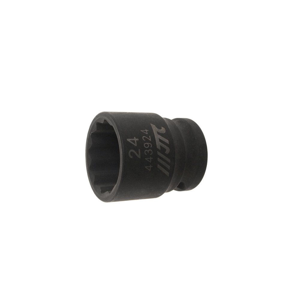 JTC-443924 - Головка торцевая 1/2" 24мм 12-ти гранная ударная L=38мм JTC - 
12 граней, метрический размер.
Общая длина: 38 мм.
Размер: 1/2" Dr.х24 мм.
Изготовлена из высококачественной хром-молибденовой стали.
