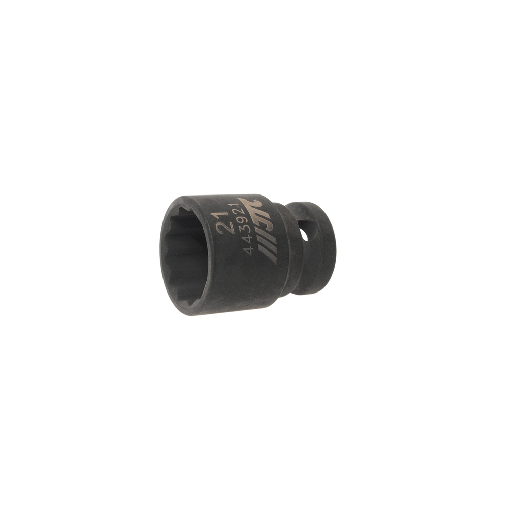 JTC-443921 - Головка торцевая 1/2" 21мм 12-ти гранная ударная L=38мм JTC - 
12 граней, метрический размер.
Общая длина: 38 мм.
Размер: 1/2" Dr.х21 мм.
Изготовлена из высококачественной хром-молибденовой стали.
