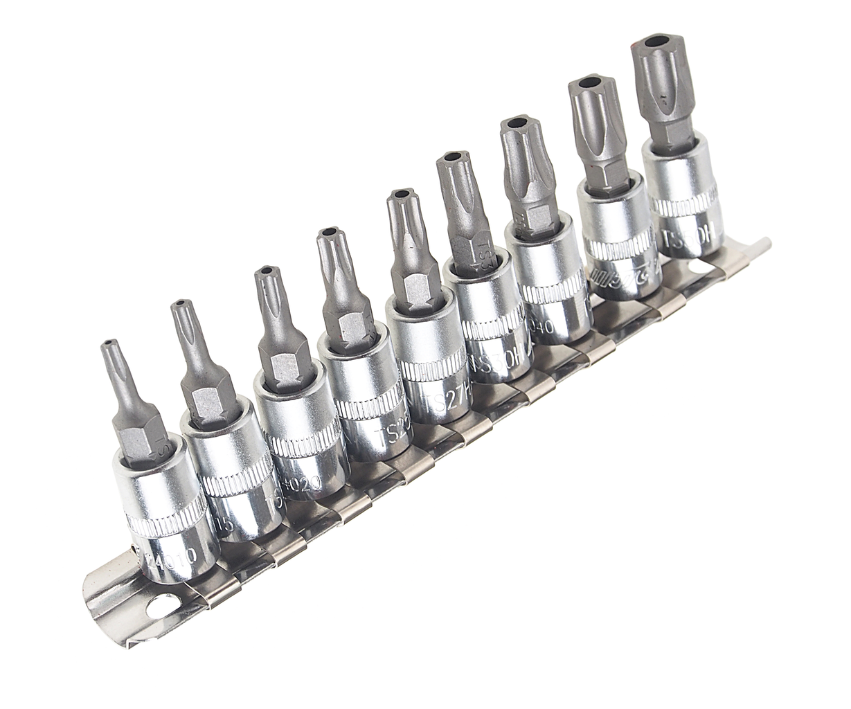 JTC-3303 - Набор бит-головок 1/4" TORX 5-ти гранных TS10H-TS50H 9 предметов JTC -  
  Размеры под ключ 1/4&rdquo; Dr TS10H, TS15H, TS20H, TS25H, TS27H, TS30H, TS4GH, TS45H, TS50H.  
  Материал: S2.
  Предназначен для болтов нового типа с пятигранной го