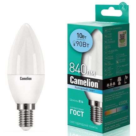 Лампа светодиодная E14 C35 10W холодный свет CAMELION 1/10/100