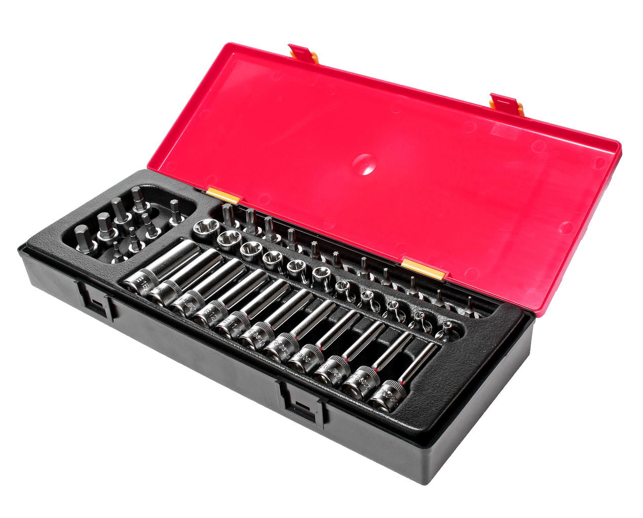 JTC-K3411 - Набор головок торцевых 3/8" TORX,HEX 41 предмет в кейсе JTC -  
  В комплекте:
 
  
   
    Артикулы JTC-33004-18: 3/8" DR Цоколь (Звезда):. E4, E5, E6, E7, E8, E10, E11, E12, E14, E16, E18 - 11 шт.  
    Артикулы JTC-36004-18: 3/8&