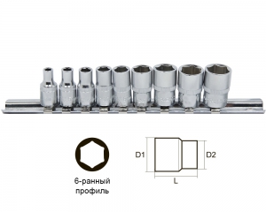 Набор головок 9 предметов AIST 201109 (1/4", 6-гр.: 4-13мм), на метал. рельсе Киров