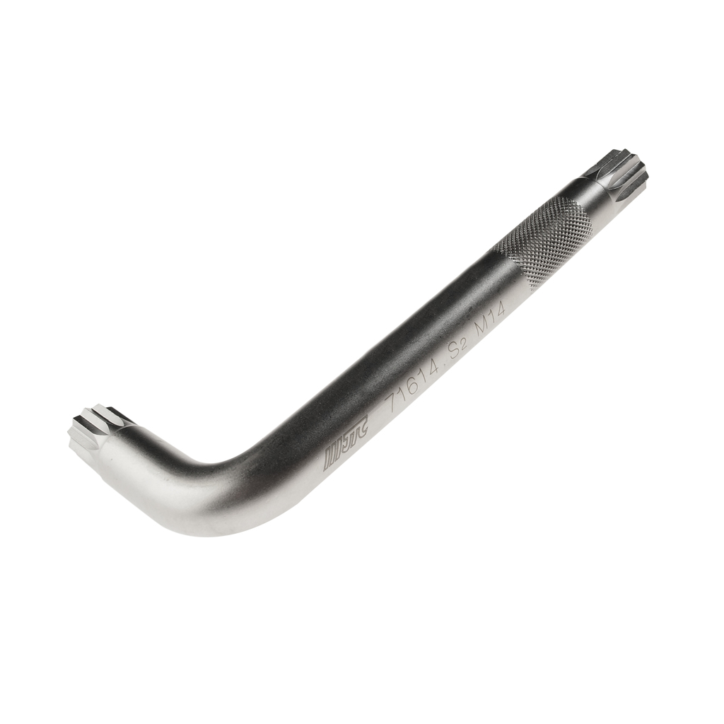 JTC-71614 - Ключ SPLINE Г-образный M14 JTC - 
Материал: S2 сталь.
Размер: M14.
Размер удлиненной части: 125 мм.
Размер короткой части: 45 мм.
