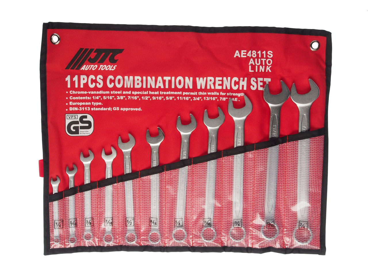 JTC-AE4811S - Набор ключей комбинированных 1/4”-7/8” 11 предметов в планшете JTC - 
Прозрачные кармашки, усиленные хлопковыми нитями не дают растрескиваться материалу на морозе.
Используется при температуре до -40&deg;С.
Комплектация: 1/4", 5/16", 3/8"