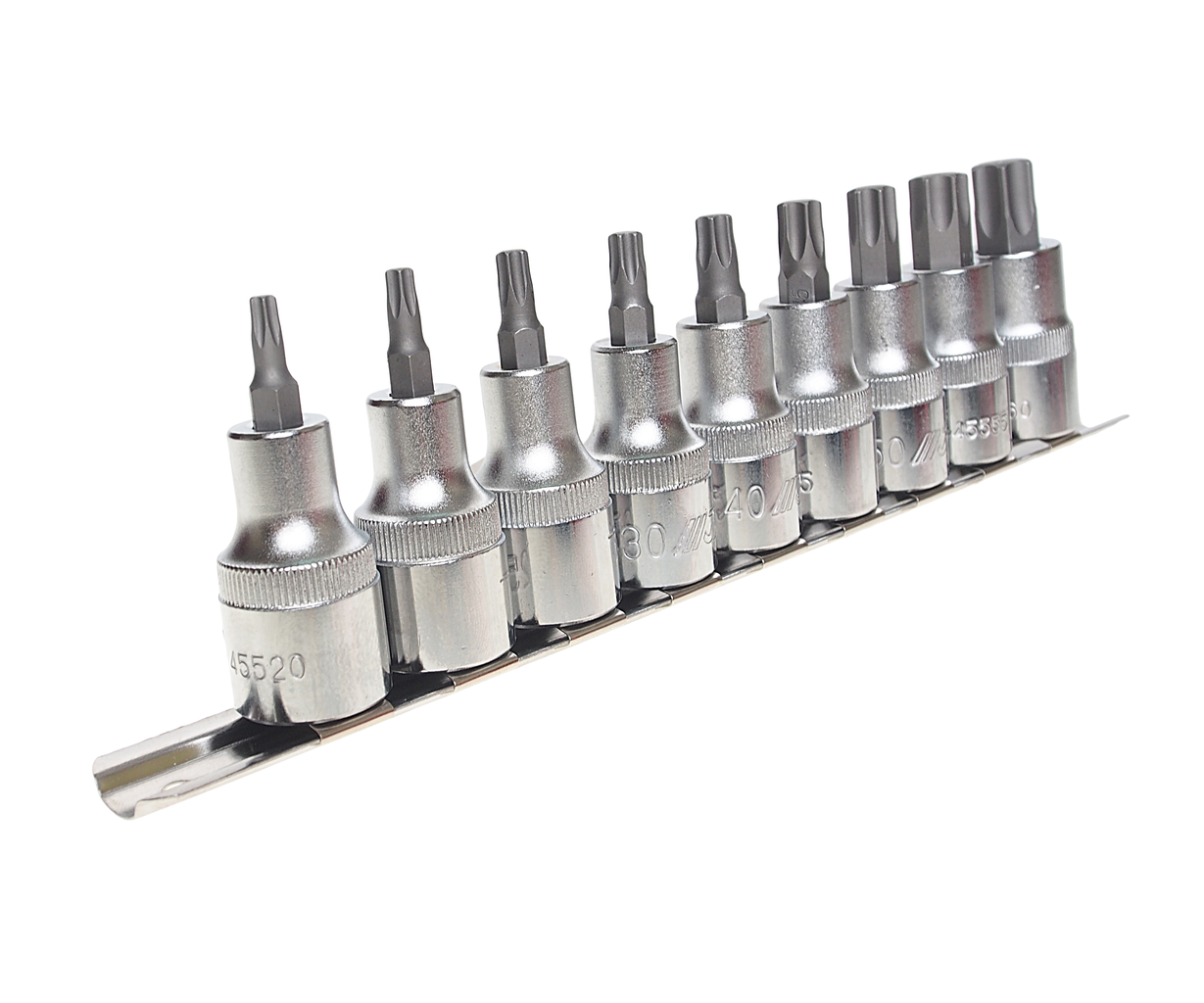 JTC-H409T - Набор бит-головок 1/2" TORX T20-T60 9 предметов JTC -  
В комплекте: Т20, Т25, Т27, Т30, Т40, Т45, Т50, Т55, Т60. 
Общее количество: 9 шт. 
Материал: высококачественная хром-ванадиевая сталь. 
Габаритные размеры: 330/110/25 мм. (Д/Ш/В)  
