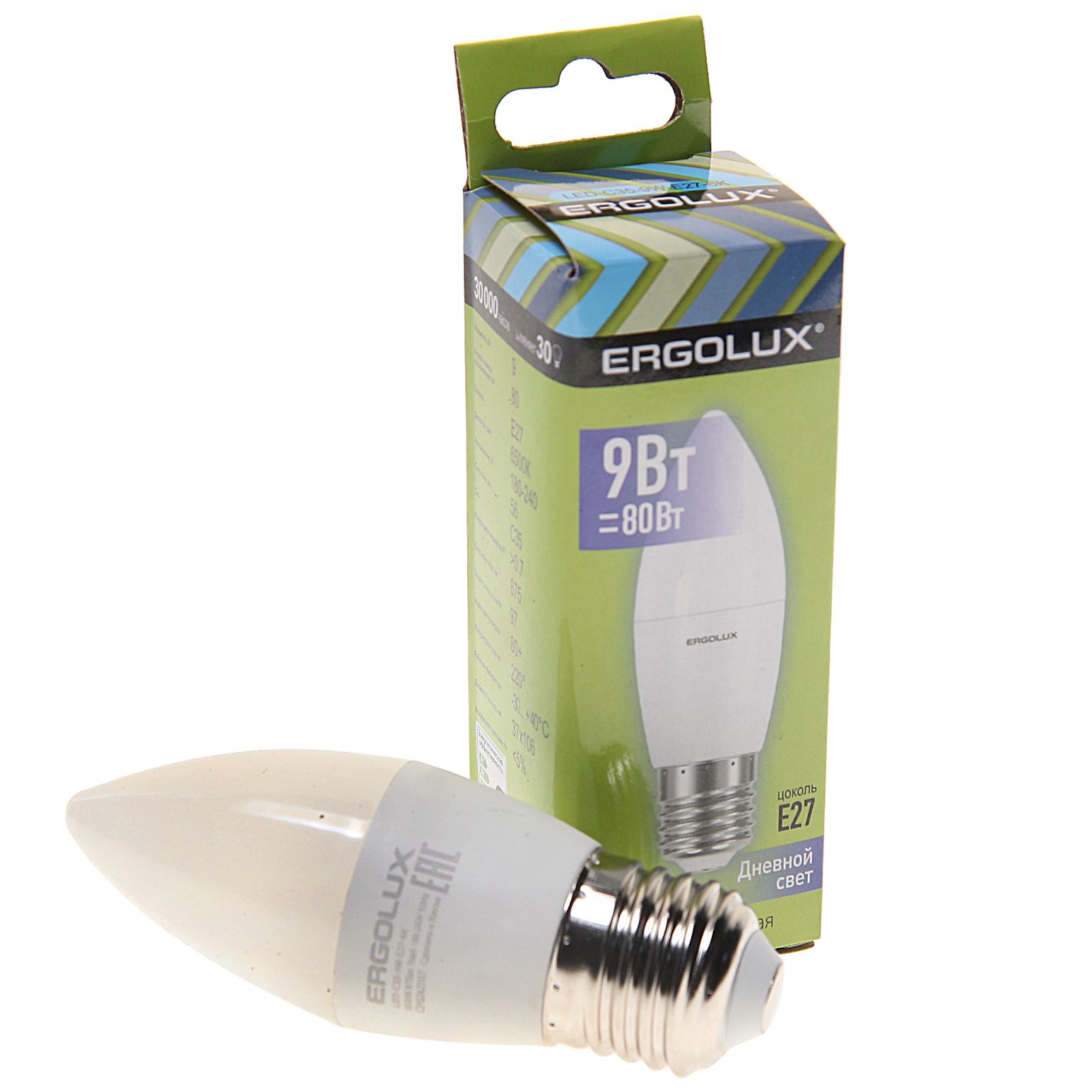 Лампа светодиодная Е27 C35 9W дневной свет ERGOLUX 1/10/100