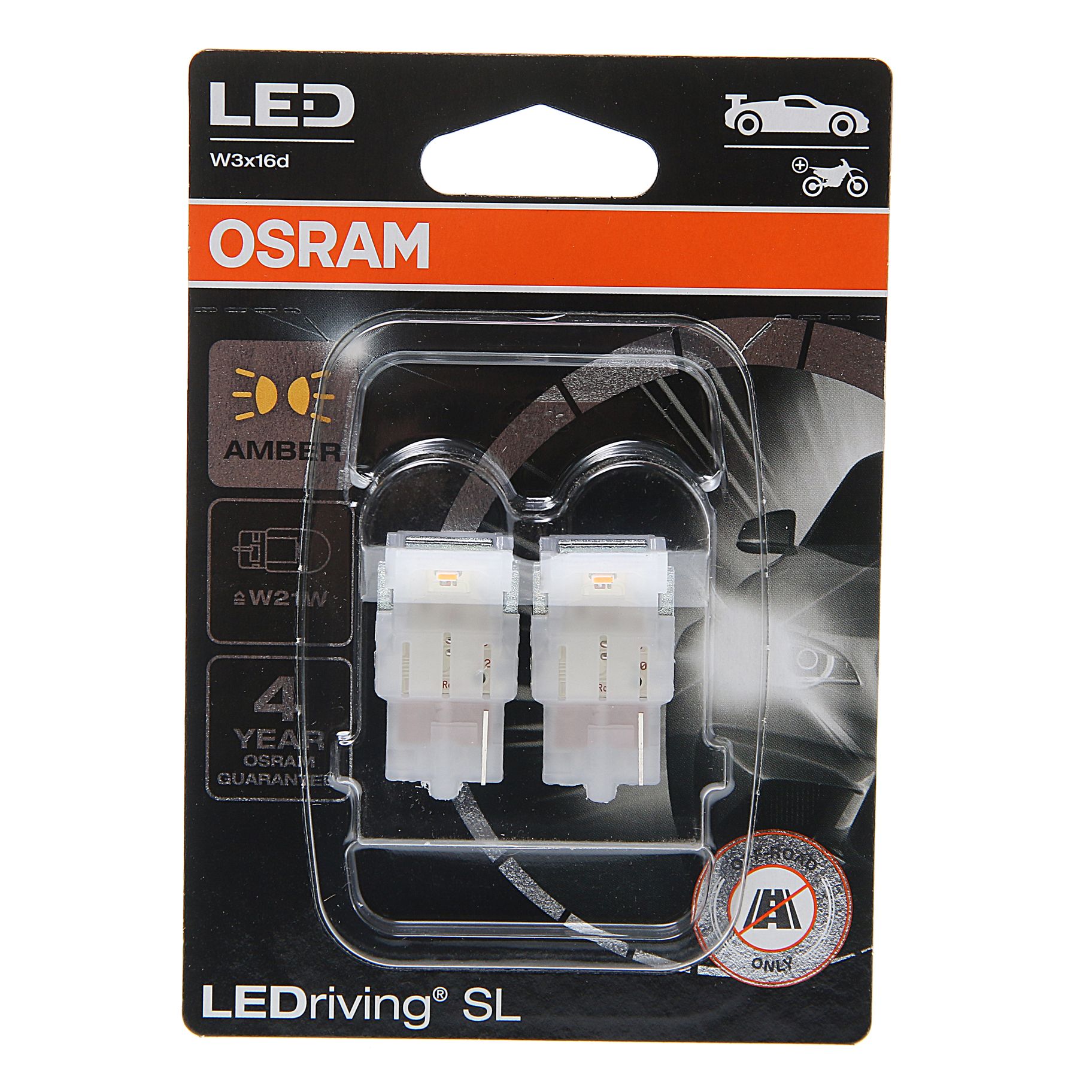 Автолампа WY21W (W3x16d) LED (блистер, 2шт) YELLOW 12V OSRAM /10