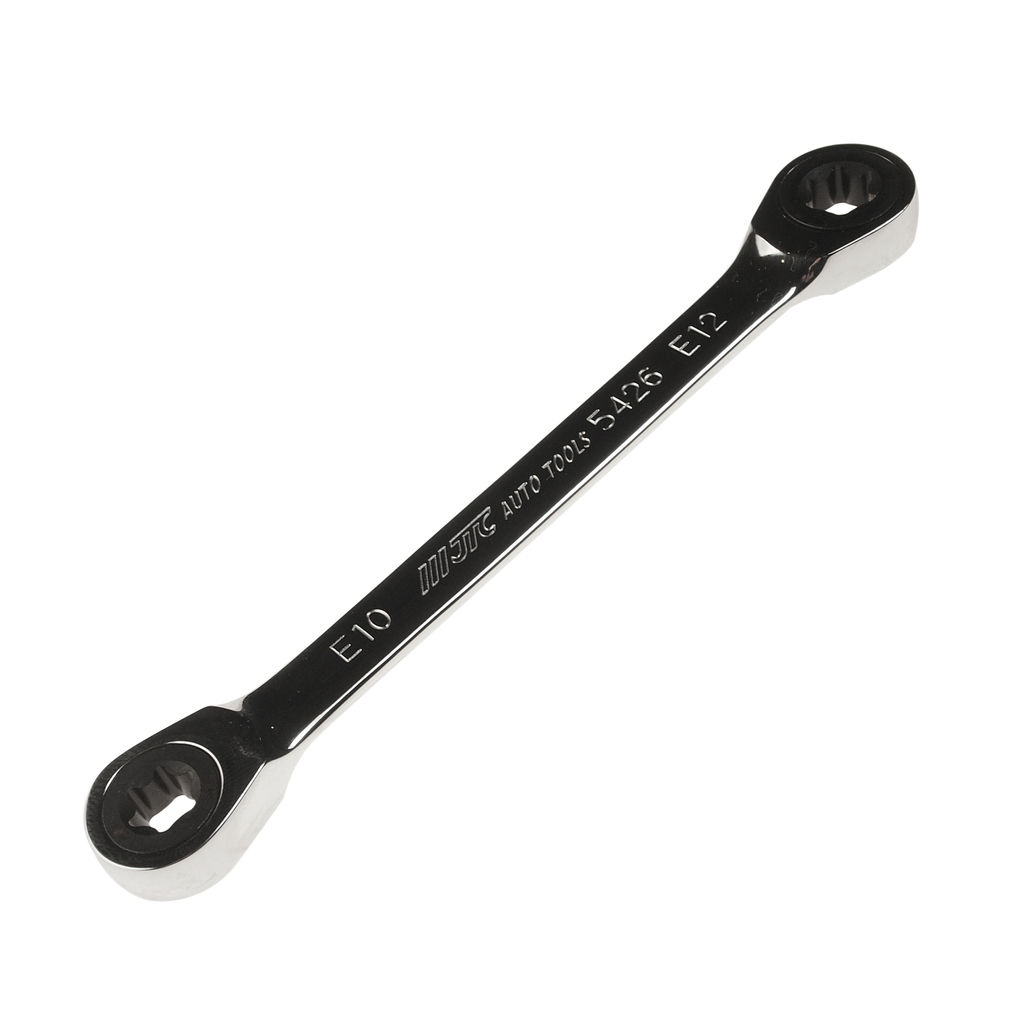 JTC-5426 - Ключ накидной TORX E10хE12 трещоточный JTC - 
72 зуба.
Инструмент изготовлен из хромованадиевой стали, обладает повышенной прочностью. Зеркальная полировка.
Размер: Е10 х Е12.
Длина: 150 мм.
