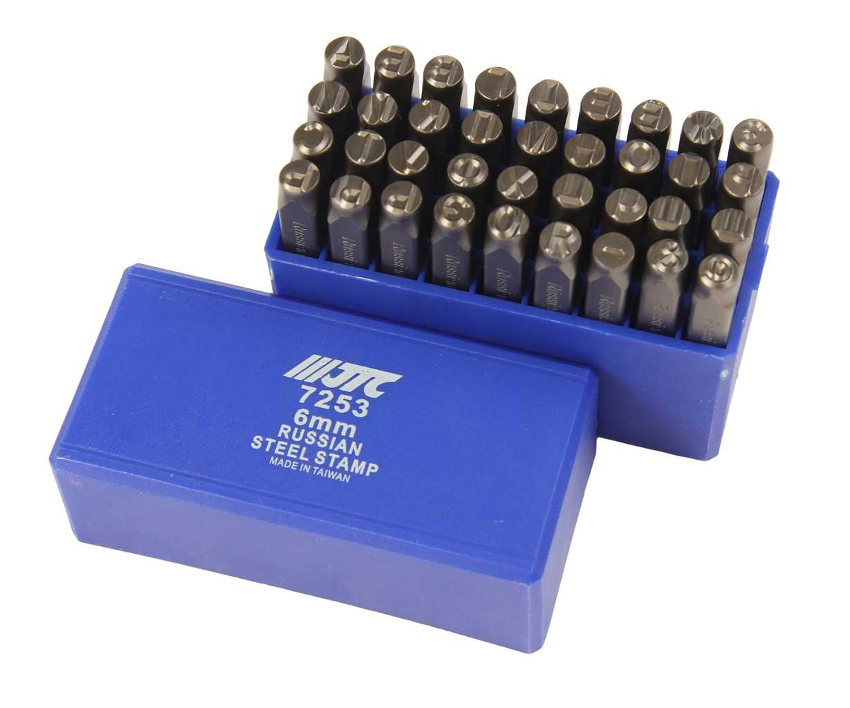 JTC-7253 - Клейма буквенные кириллица 6мм (HRC 60+-2град. DIN 1451) JTC - Клейма буквенные кириллица
Характеристики:

Тип: кириллица
Размер 5мм
Твердость: 60&plusmn;2HRC
Материал: хромованадиевая сталь
Комплектация: 36 предметов ("А-Я", "-&