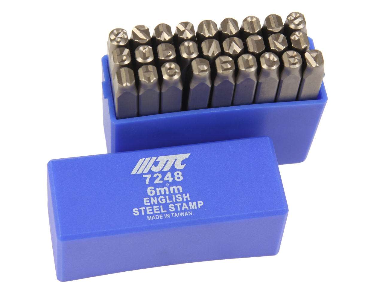 JTC-7248 - Клейма буквенные латиница 6мм JTC - Клейма буквенные латиница
Характеристики:

Тип: латиница
Размер 6мм
Твердость: 60&plusmn;2HRC
Материал: хромованадиевая сталь
Комплектация: 27 предметов ("А-Z", "-", "&amp;")

