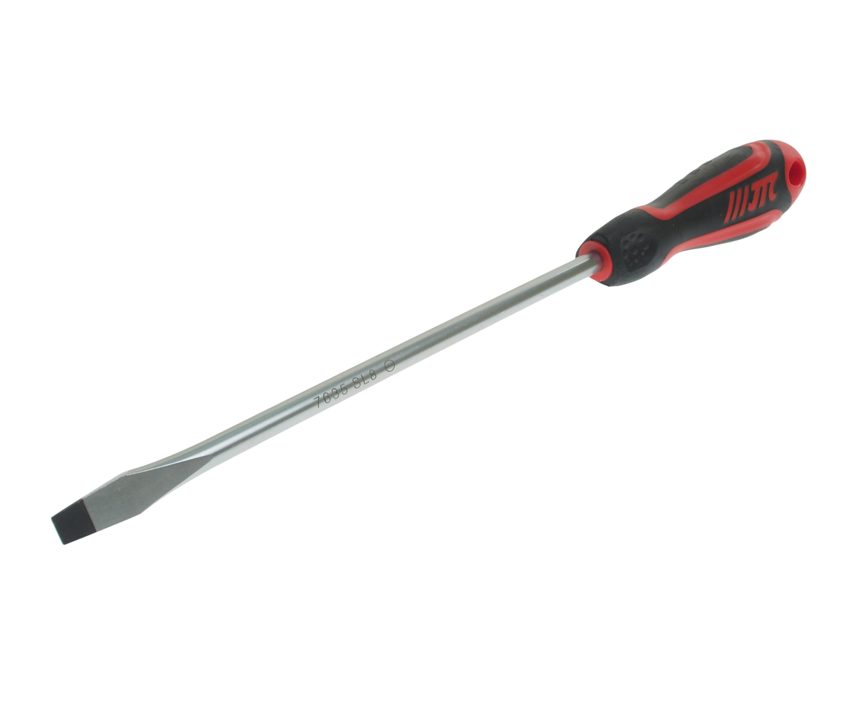 JTC-7635 - Отвертка шлицевая SL 8.0х200мм усиленная (сталь Cr-Mo) JTC - 
Материал: 8NCM8660.
Стержень отвертки стальной. Покрыт сатин-хромом, жало оксидировано.
Рукоятка имеет треугольную форму. Изготовлена из двухкомпонентного материала (РР + TPV). Об