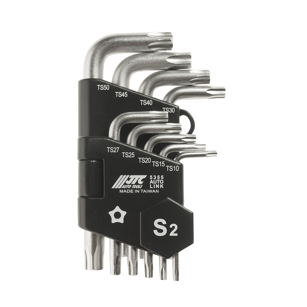 JTC-5355 - Набор ключей TORX ТS10-ТS50 пятилучевых Г-образных с отверстием 9 предметов JTC - 
Набор ключей ТS10, ТS15, ТS20, ТS25, ТS27, ТS30, ТS40, ТS45, ТS50 и Г-образным держателем 9 пр. JTC
Материал: Сталь - S2, поверхность посеребрянная. 
Размер: 