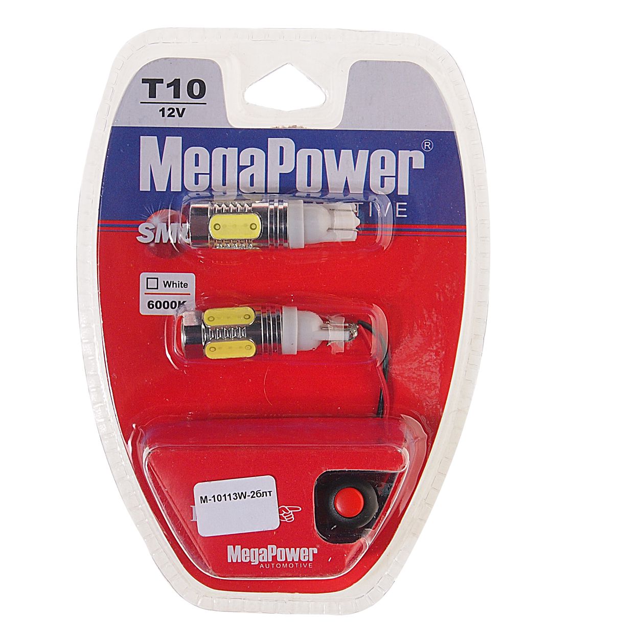 Автолампа T10W (W2,1x9,5d) 4 SMD MEGA WHITE  блистер с тестером (2 шт) 6000K 300лм   12V MEGAPOWER /