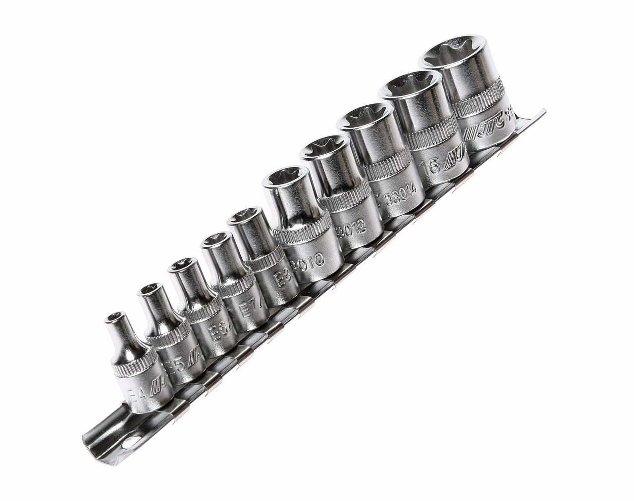 JTC-3901 - Набор головок торцевых 1/4"-3/8" TORX Е4-Е18 10 предметов JTC - 
  В комплекте:

  
  
    Размеры под ключ 1/4&rdquo; Dr. - Е4, Е5, Е6, Е7, Е8.
    Размеры под ключ 3/8&rdquo; - Е10, Е12, Е14, Е16, Е18.
  
  

  Головки изготовлены и