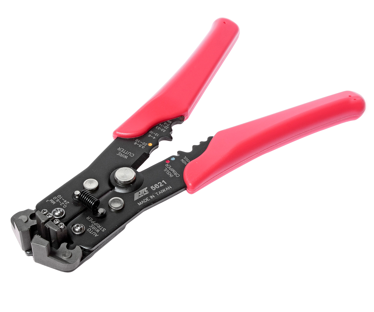 JTC-5621 - Клещи обжимные для электромонтажа автоматические JTC -  
  Кусачки изготовлены из легкого прочного материала, оснащены лезвиями HRC55-60.
   Применение: 
    
    Диапазон: 24-10 AWG (0.2 - 6.0мм2).
     Для изолированных клемм: 22-10 AWG 