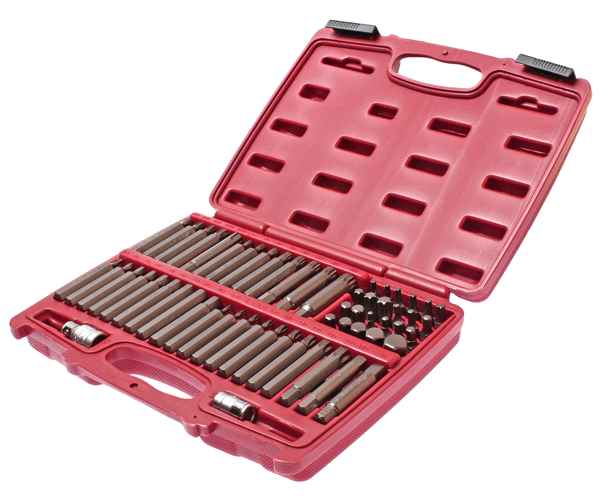 JTC-3509 - Набор бит 1/2" 3/8" HEX, TORX, SPLINE, RIBE 6-ти гранных 2 держателя 58 предметов в кейсе JTC -  
  В комплекте: 
 
  
   
    9 шт. биты TORX 30 мм.: Т20, Т25, Т27, Т30, Т40, Т45, Т50, Т55, Т60. 
    9 шт. биты TORX 75 мм.: Т20, Т25, Т27