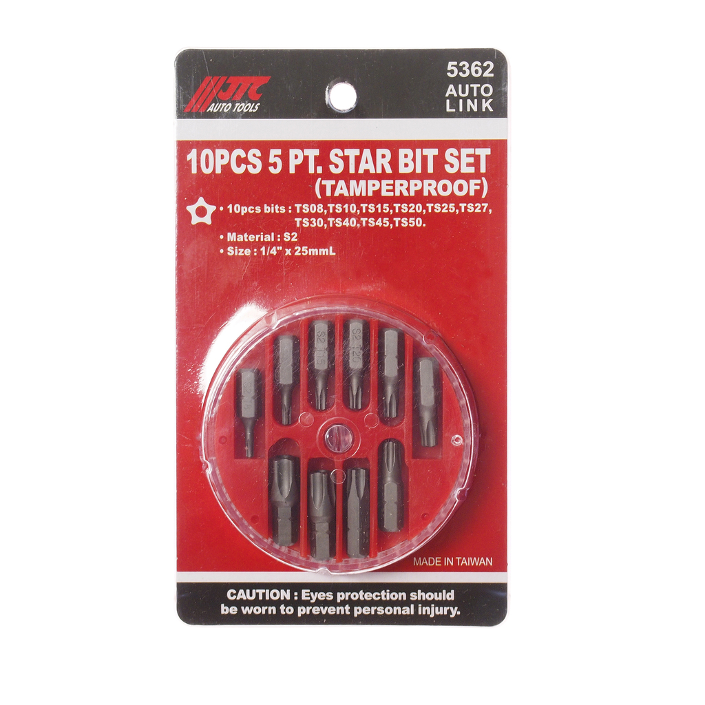 JTC-5362 - Набор бит 1/4" TORX ТS08-TS50 10 предметов в боксе JTC - 
В комплекте: ТS08, ТS10, ТS15, ТS20, ТS25, ТS27, TS30, TS40, TS45, TS50.
Материал: S2.
Размер: 1/4"х 25 мм
