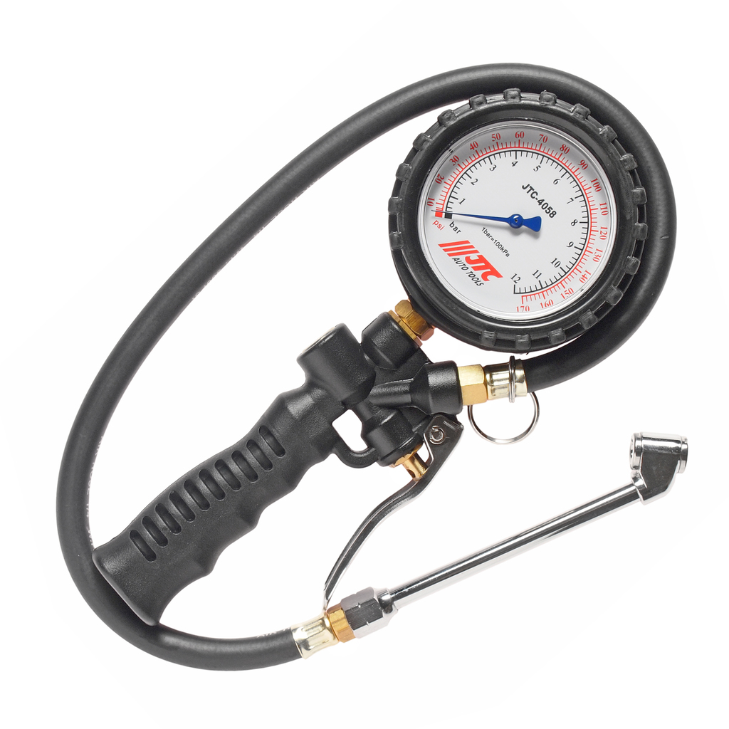 JTC-4058L - Манометр шинный 12атм. многофункциональный 170PSI JTC -  
Манометр с рукоятью и ручным клапаном. Выполняет три функции: проверка давления, сбрасывает давление до нужного значения, накачивает до нужного значения. 
 Большой (80 мм.) датчик, с 