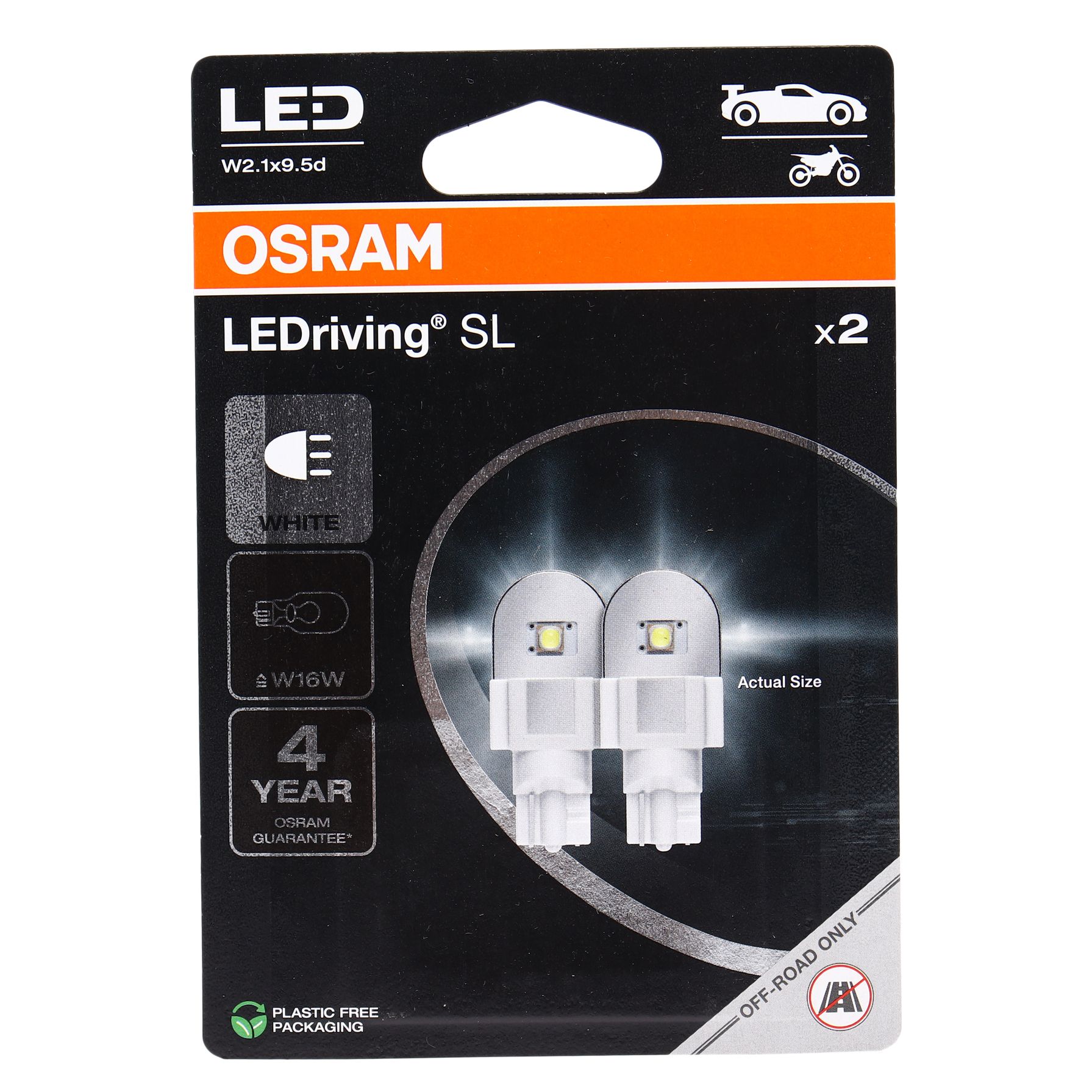 Автолампа W16W (W2.1*9.5d) LED(блистер,2шт) 6000K 12V OSRAM 1/10/50