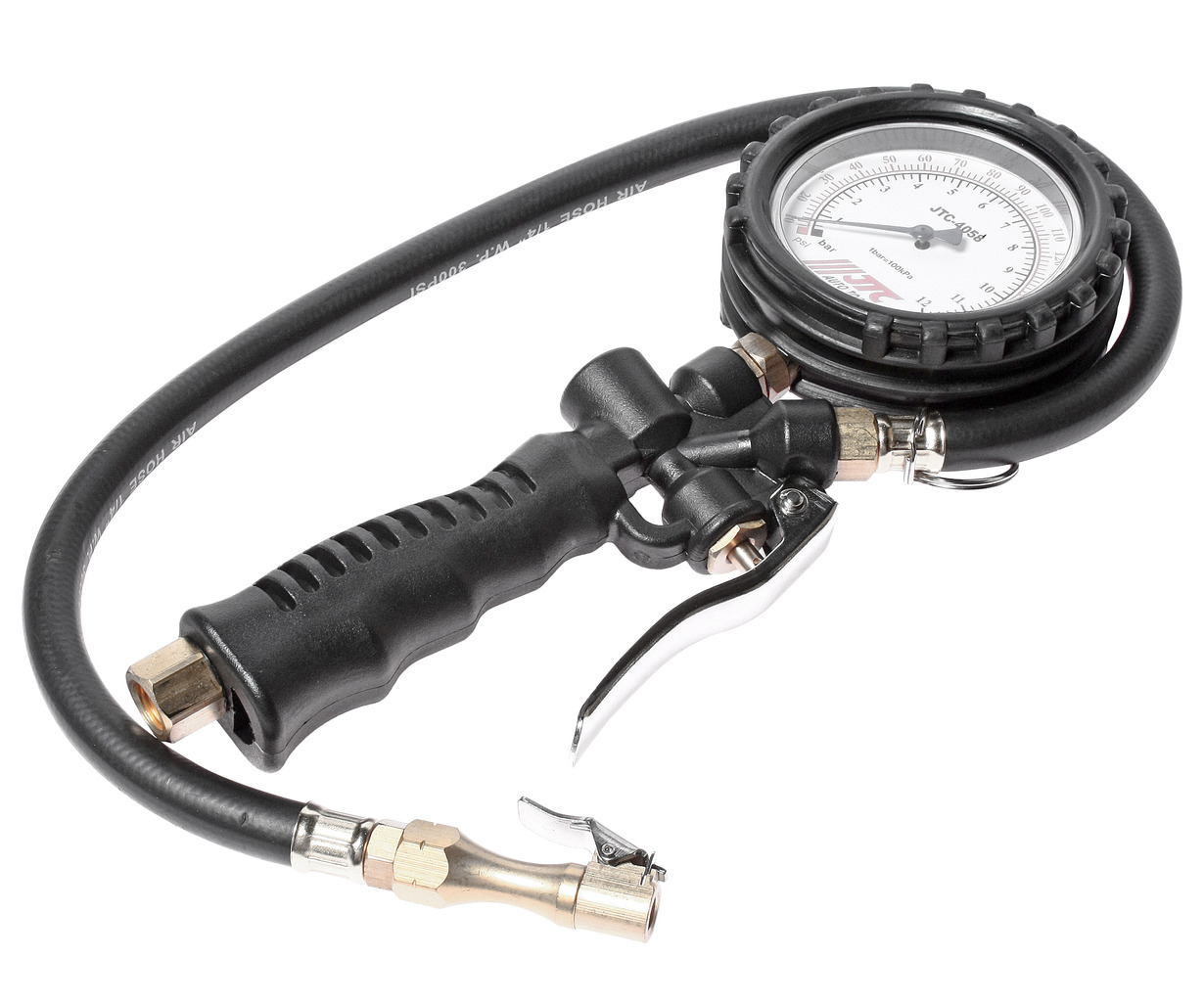 JTC-4058 - Манометр шинный многофункциональный до 170PSI (12Bar) JTC - 
  Манометр с рукоятью и ручным клапаном. Выполняет три функции: проверка давления, сбрасывает давление до нужного значения, накачивает до нужного значения.
   Большой (80 мм.) датчи