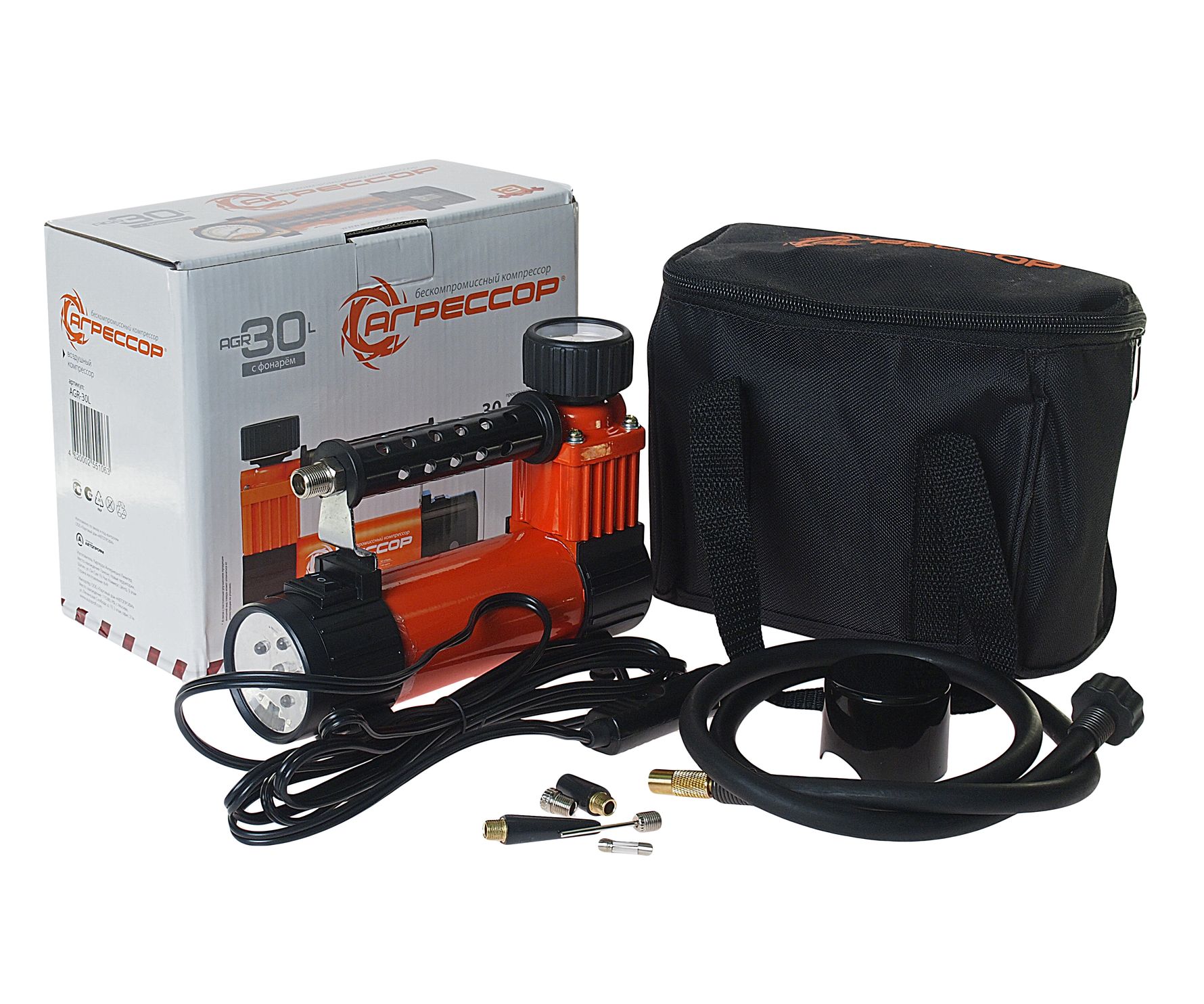 Компрессор АГРЕССОР AGR-30L поршневой с фонарем 140W 105PSI (30л/мин) 12V AUTOPROFI /1/8