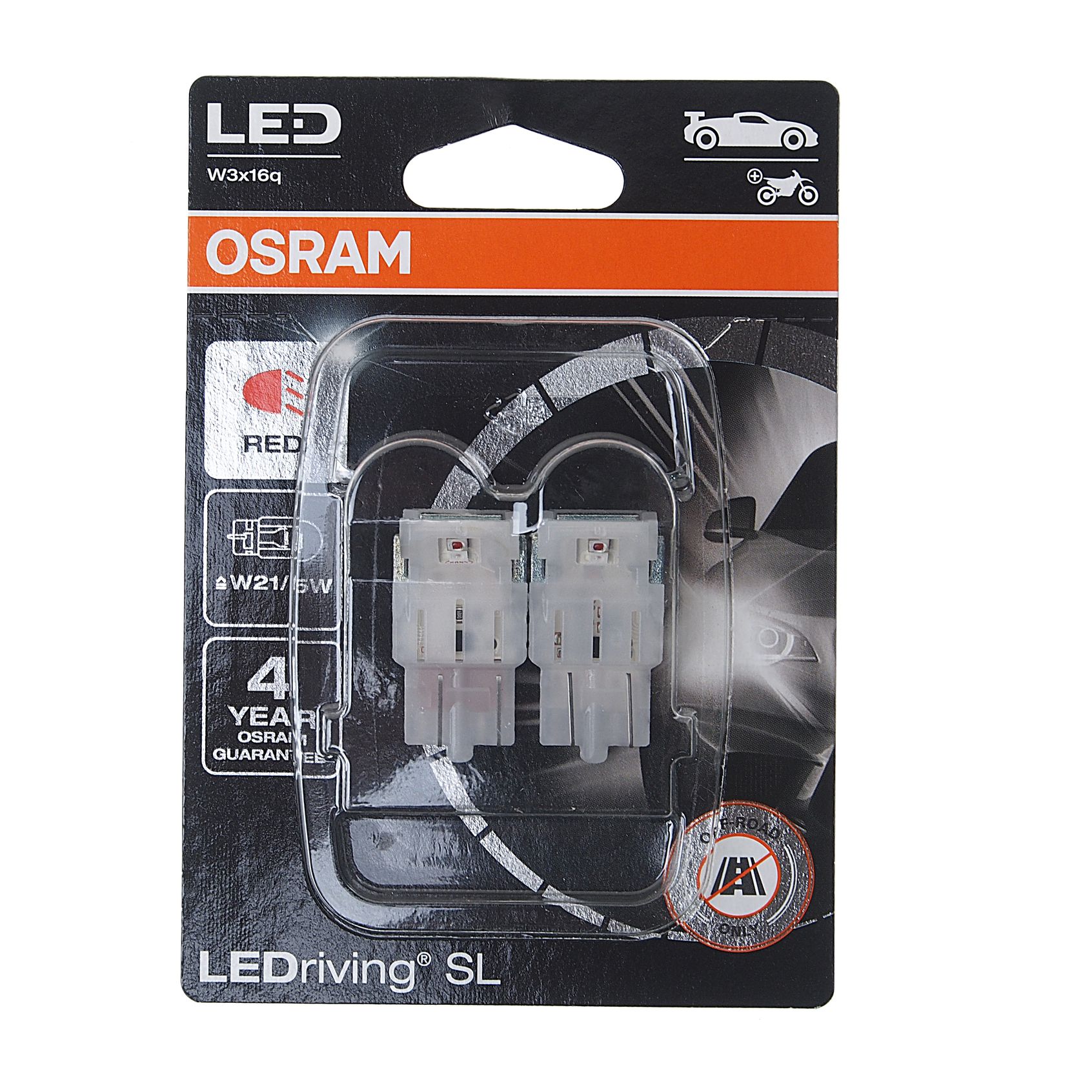 Автолампа W21/5W (W3x16q) LED (блистер, 2шт) RED 12V OSRAM /10