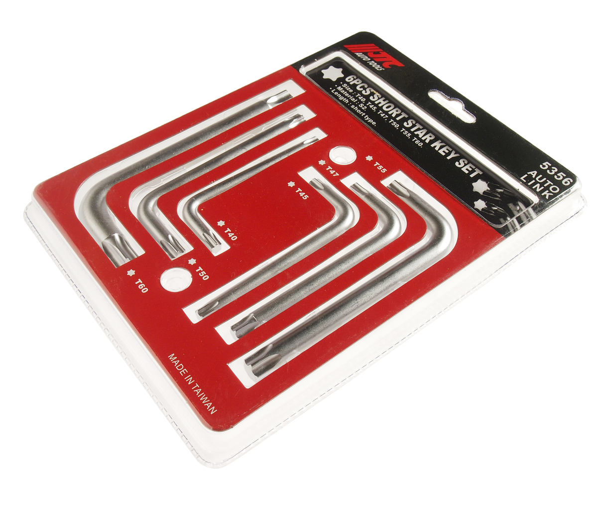 JTC-5356 - Набор ключей TORX T40-T60 Г-образных 6 предметов JTC - 
Набор ключей Т40, Т45, Т47, Т50, Т55, Т60, ТS40 и Г-образным держателем 6 пр. JTC
Материал: Сталь - S2, поверхность посеребрянная.
Размер: Тип - короткий (длина).
