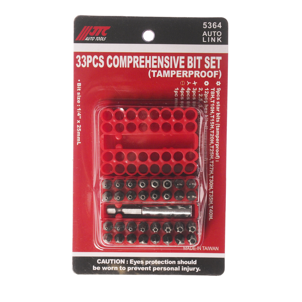 JTC-5364 - Набор бит 1/4" TORX, HEX, SPANNER с магнитным держателем 33 предмета в боксе JTC - 
В комплекте:

9 ед.: Т8Н, Т10Н, Т15Н, Т20Н, Т25Н, Т27Н, Т30Н, Т35Н, Т40Н;
12 ед. HEX: 2, 2.5, 3,4,5, 6 мм. 5/64", 3/32", 7/64", 1/8", 6/64", 5/32";
3 ед. T