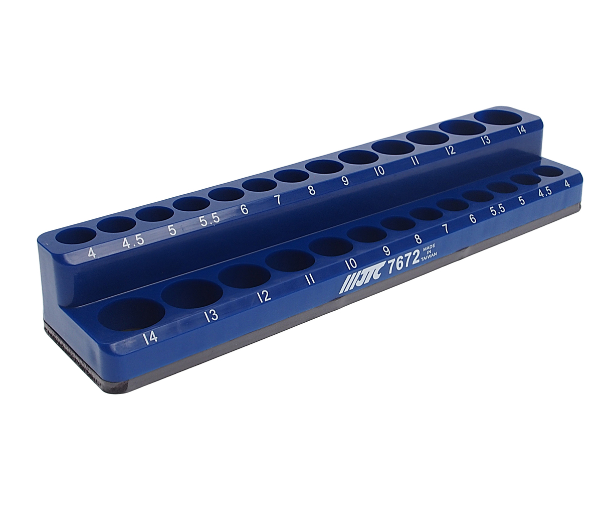 JTC-7672 - Держатель головок 1/4" 235x55x35мм магнитный 26шт. JTC - Магнитный держатель для головок

Специально разработанный магнит на дне, отлично крепится к металлическим поверхностям и кейсам с инструментами
Гнезда на 13 стандартных головок и 13 на