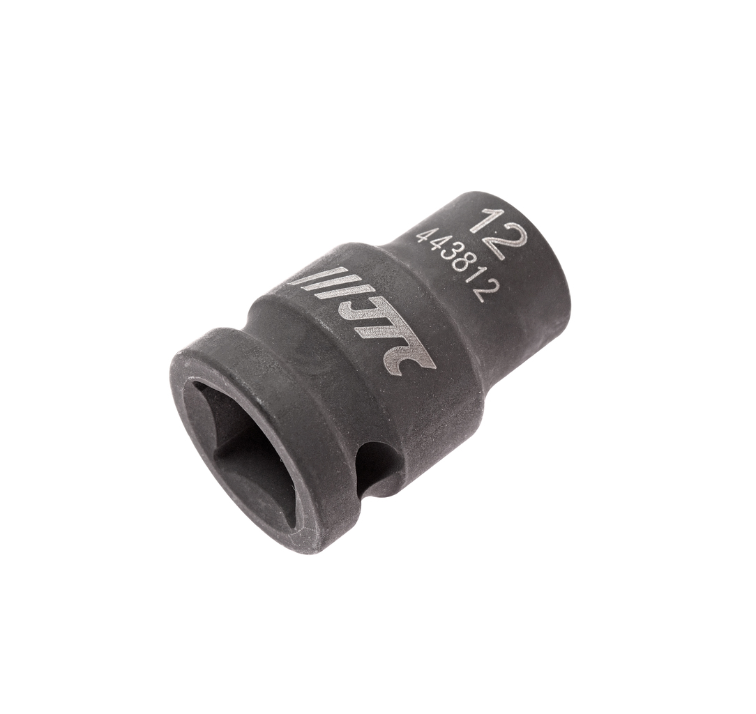 JTC-443812 - Головка торцевая 1/2" 12мм ударная L=38мм JTC - 
  6 граней, метрический размер. 
  Изготовлена из высококачественной хром-молибденовой стали. 
  Размер: 1/2"х12 мм.
  Общая длина: 38 мм. 
  Количество в оптовой упаковке: 10 шт. и 2