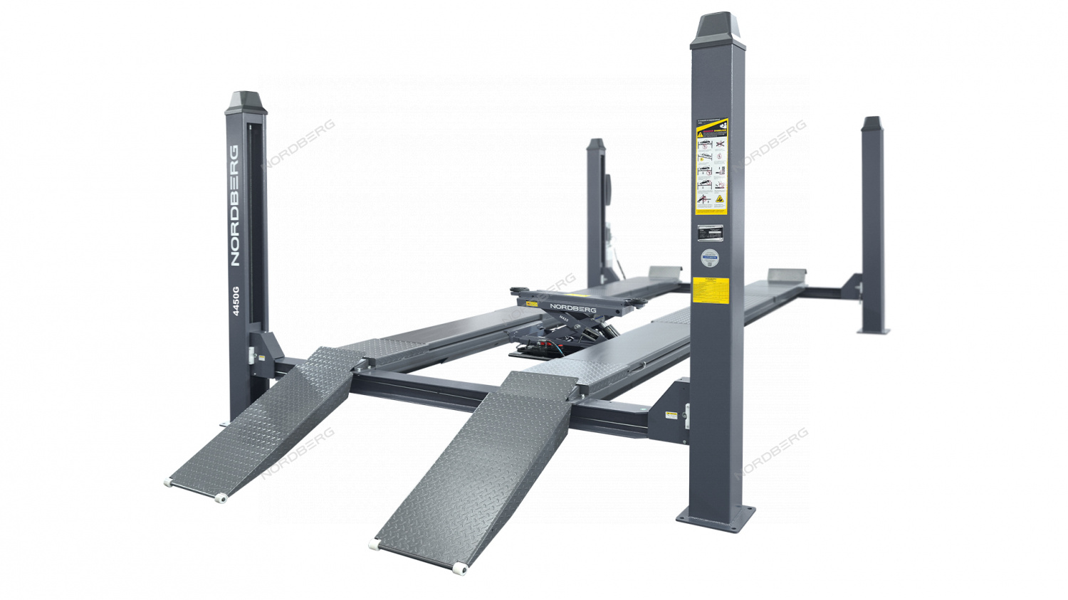 Подъемник 4-стоечный 5 т, c ручной траверсой 3 т N433, для сход-развала, 380 В, мех. снятие, серый NORDBERG 4450_MG(M)