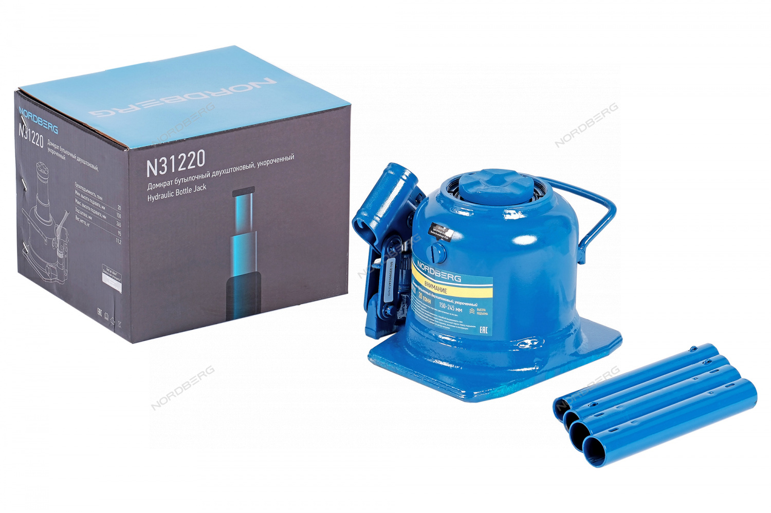 Домкрат бутылочный двухштоковый, укороченный, 20 т NORDBERG N31220