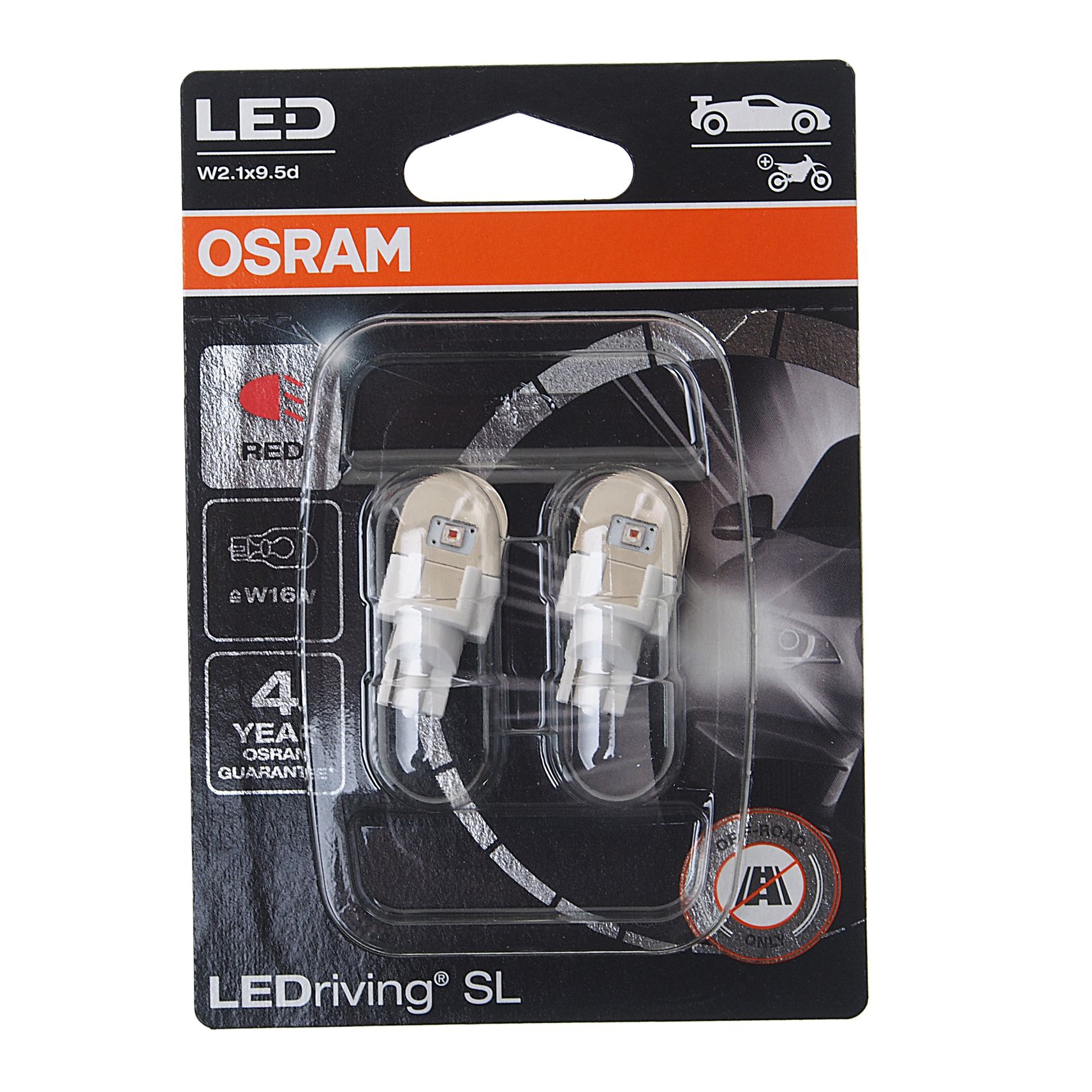 Автолампа W16W (W2.1*9.5d) LED (2шт) RED 12V OSRAM 1/10/50