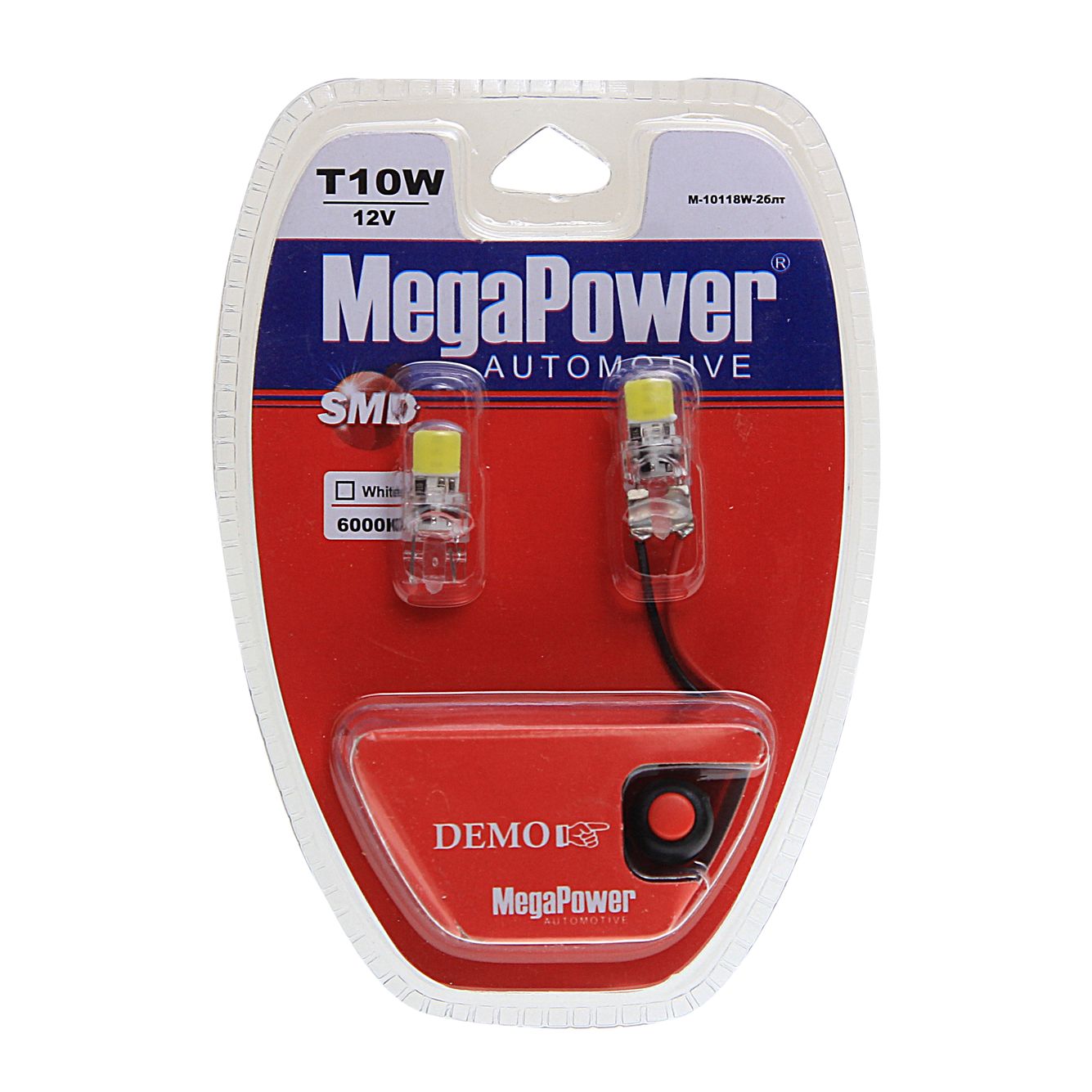 Автолампа T10W (W2,1x9,5d) 2 LED COB WHITE блистер с тестером (2 шт) 6000K 180лм   12V MEGAPOWER /1/