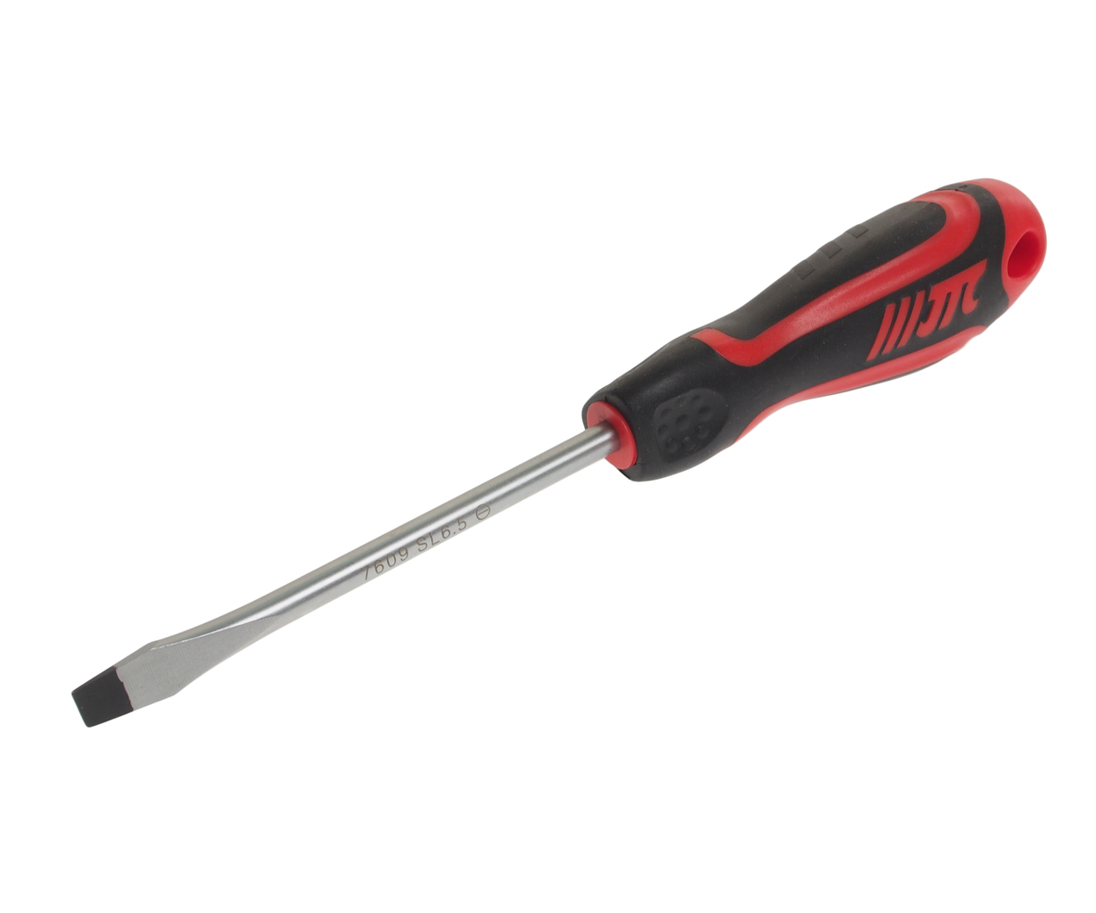 JTC-7609 - Отвертка шлицевая SL 6.5х100мм усиленная (сталь Cr-Mo) JTC - 
Материал: 8NCM8660.
Стержень отвертки стальной. Покрыт сатин-хромом, жало оксидировано.
Рукоятка имеет треугольную форму. Изготовлена из двухкомпонентного материала (РР + TPV). Об
