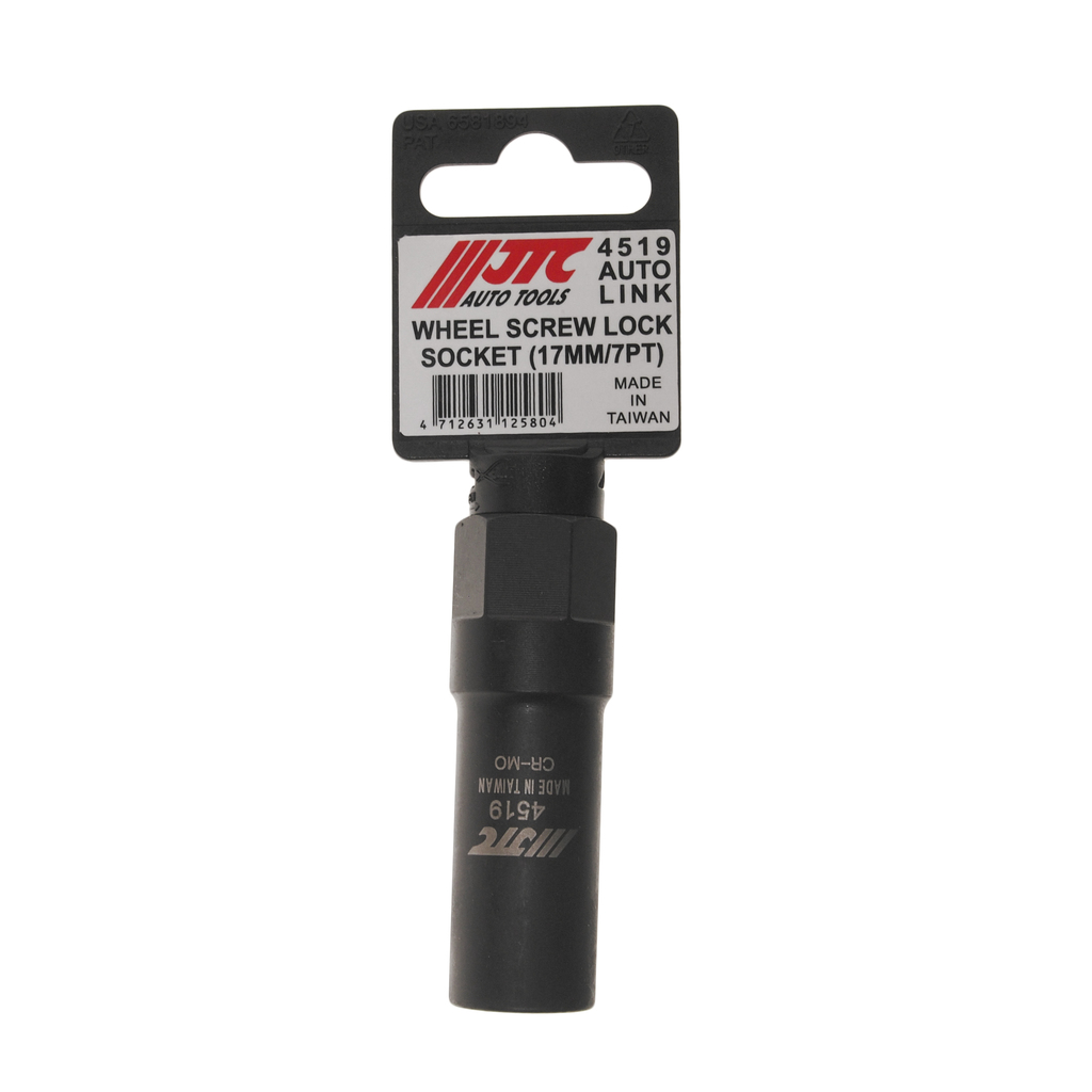 JTC-4519 - Головка для секретной гайки колеса 1/2” 17x70мм 7-ми гранная (TOYOTA HYUNDAI HONDA) JTC - 
Специально предназначена для демонтажа секреток с 7-ю гранями.
Материал: Cr-Mo.
Размер: 1/2"Dr.17 мм. х 7PT, (70 мм. длина).
Применение: Toyota, Hyun