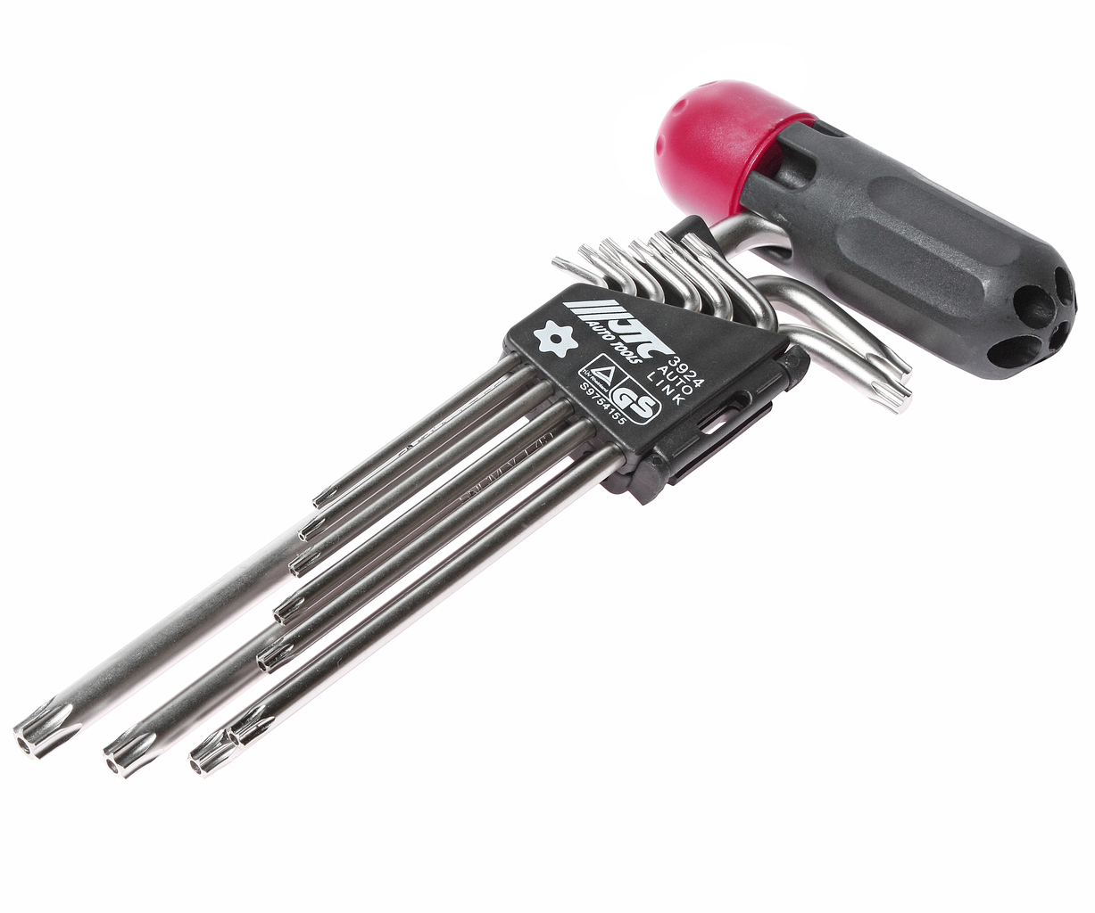JTC-3924 - Набор ключей TORX T10Н-Т50H Г-образных с отверстием 9 предметов JTC - 
  Инструмент изготовлен из стали марки SNCM8660.
  Длинная часть ключа предназначена для работы в труднодоступных местах, а также служит для увеличения крутящего момента.