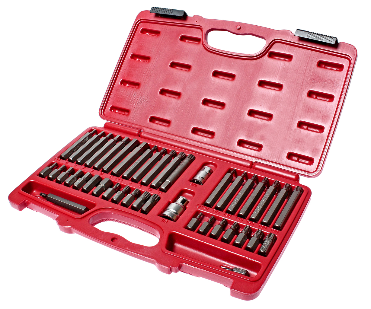 JTC-3933 - Набор бит 1/2" 3/8" HEX, TORX, SPLINE 6-ти гранных 2 держателя 42 предмета в кейсе JTC -  
  В комплекте:    
 
  
   
    8 шт. биты TORX 30 мм.: Т20, Т25, Т27, Т30, Т40, Т45, Т50, Т55.  
    8 шт. биты TORX 75 мм.: Т20, Т25, Т27, Т30, Т