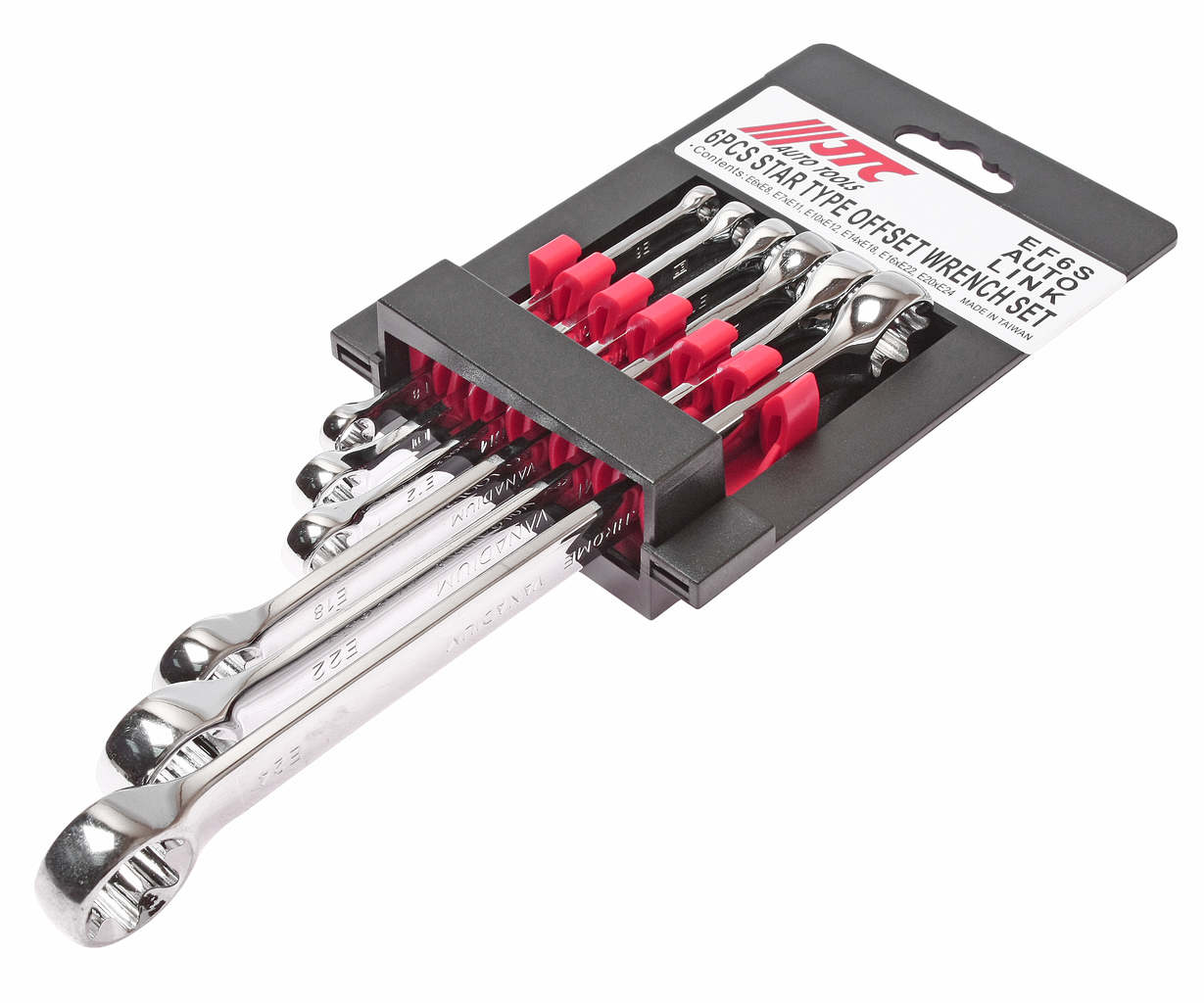 JTC-EF6S - Набор ключей накидных TORX Е6-E24 6 предметов JTC - 
	Инструменты изготовлены из хром-ванадиевой стали, обладают повышенной прочностью.
	Зеркальная полировка.
	Размеры в комплекте: E6xE8, Е7хЕ11, Е10хЕ12, Е14хЕ18, Е16хЕ22, Е20хЕ24.
	Общее к