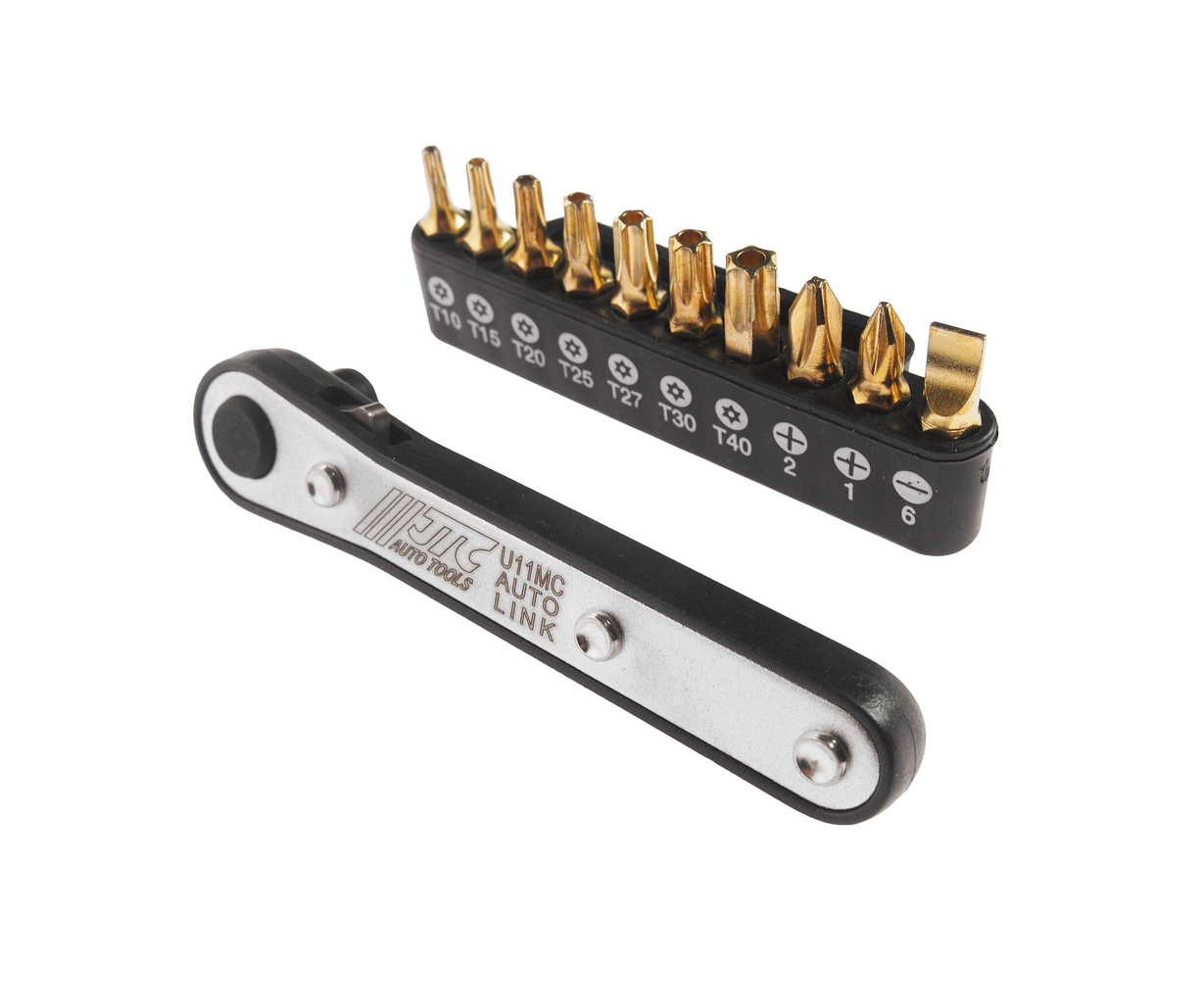 JTC-U11MC - Набор бит 1/4" SL6, PH1-2, TORX, Т10Н-Т40Н с ключом трещоткой 11 предметов JTC -  
В комплекте:
 
T10H, T15H, T20H, T25H, T27H, T30H, T40H. 
PH1, PH2. 
SL 6 мм. 
 

Общее количество предметов: 11. 

