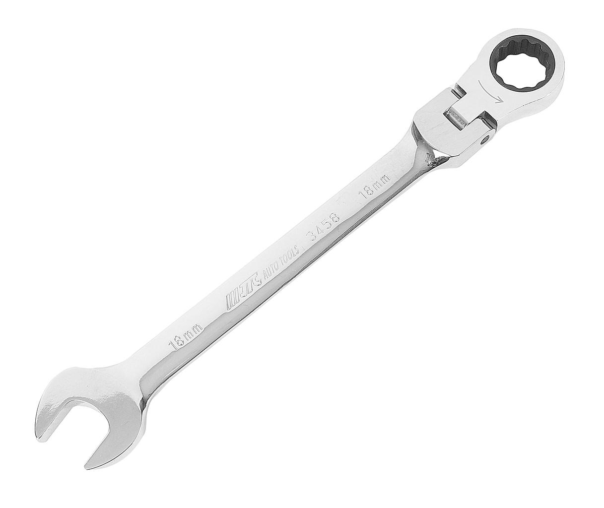 JTC-3458 - Ключ комбинированный 18х18мм трещоточный шарнирный JTC -  
Предназначен для проведения ремонтных работ автомобиля.  
Ключ сделан из прочной хром-ванадиевой стали с зеркальной полировкой.  
Ключ обладает уникальным 72-зубцовым механизмом, обе