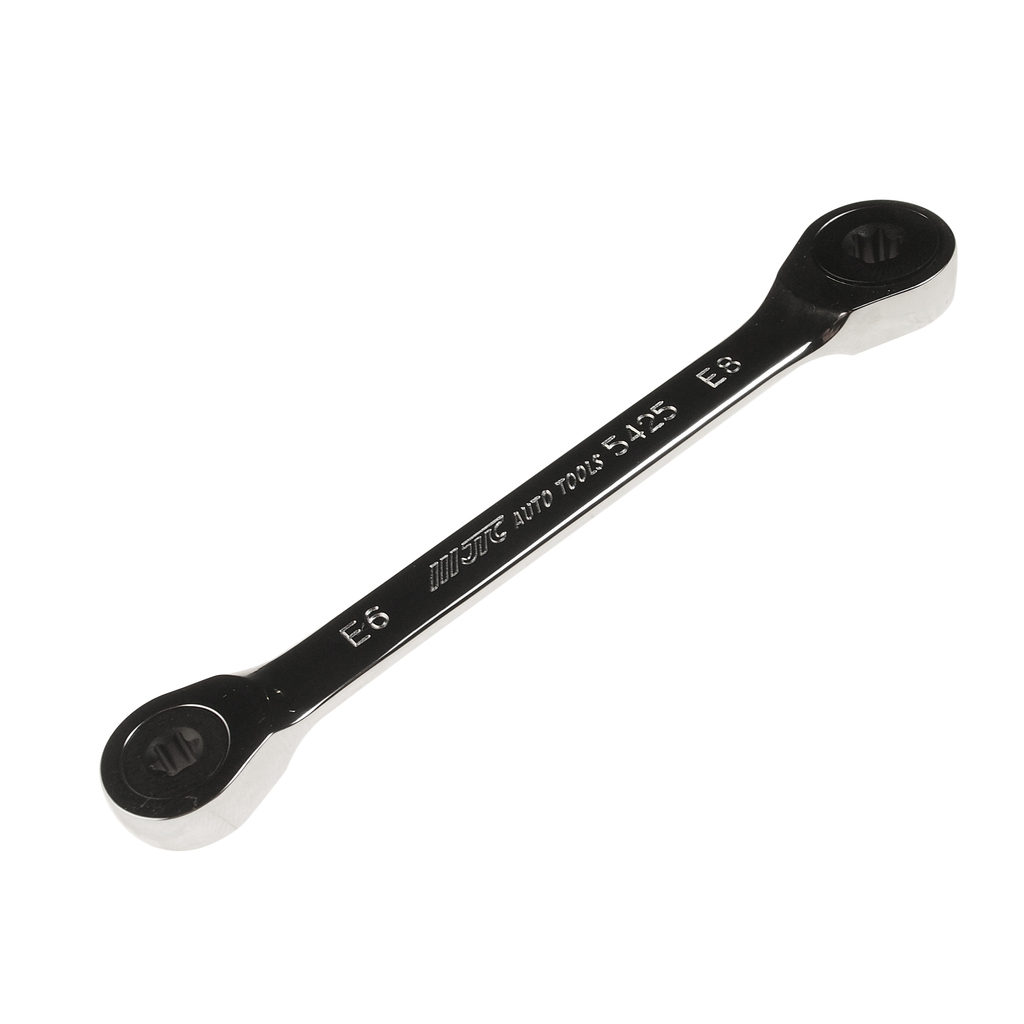 JTC-5425 - Ключ накидной TORX E6хE8 трещоточный JTC - 
72 зуба.
Инструмент изготовлен из хромованадиевой стали, обладает повышенной прочностью. Зеркальная полировка.
Размер: Е6 х Е8.
Длина: 128 мм.
