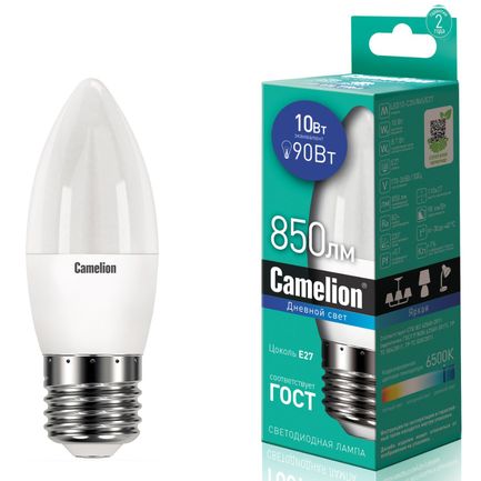 Лампа светодиодная E27 C35 10W дневной свет CAMELION 1/10/100